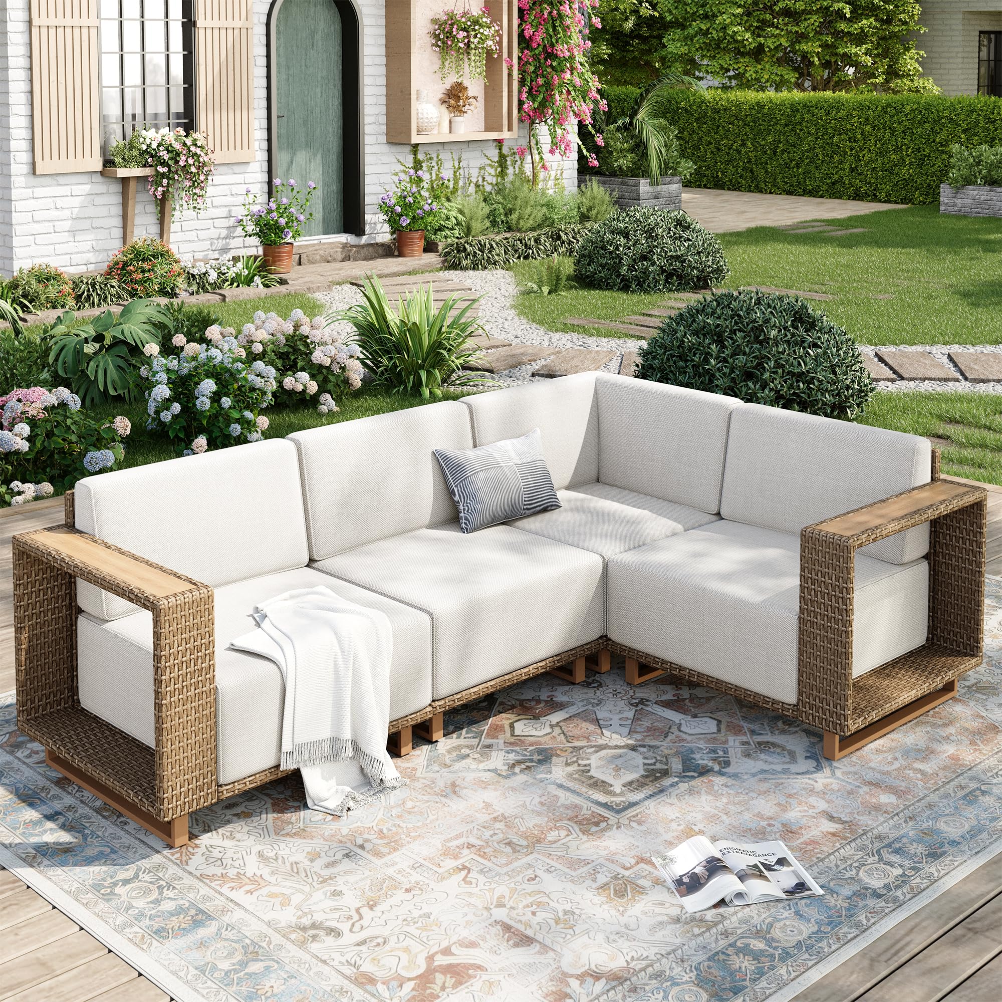 Patio Sectional Furniture Set, 6 Piece Outdoor Wicker Sofa Couch Set, Yellow Rattan Modular Outdoor Conversation Sets with 10" Extra Thick Cushions, Low Profile Lawn Deck Garden Furniture
