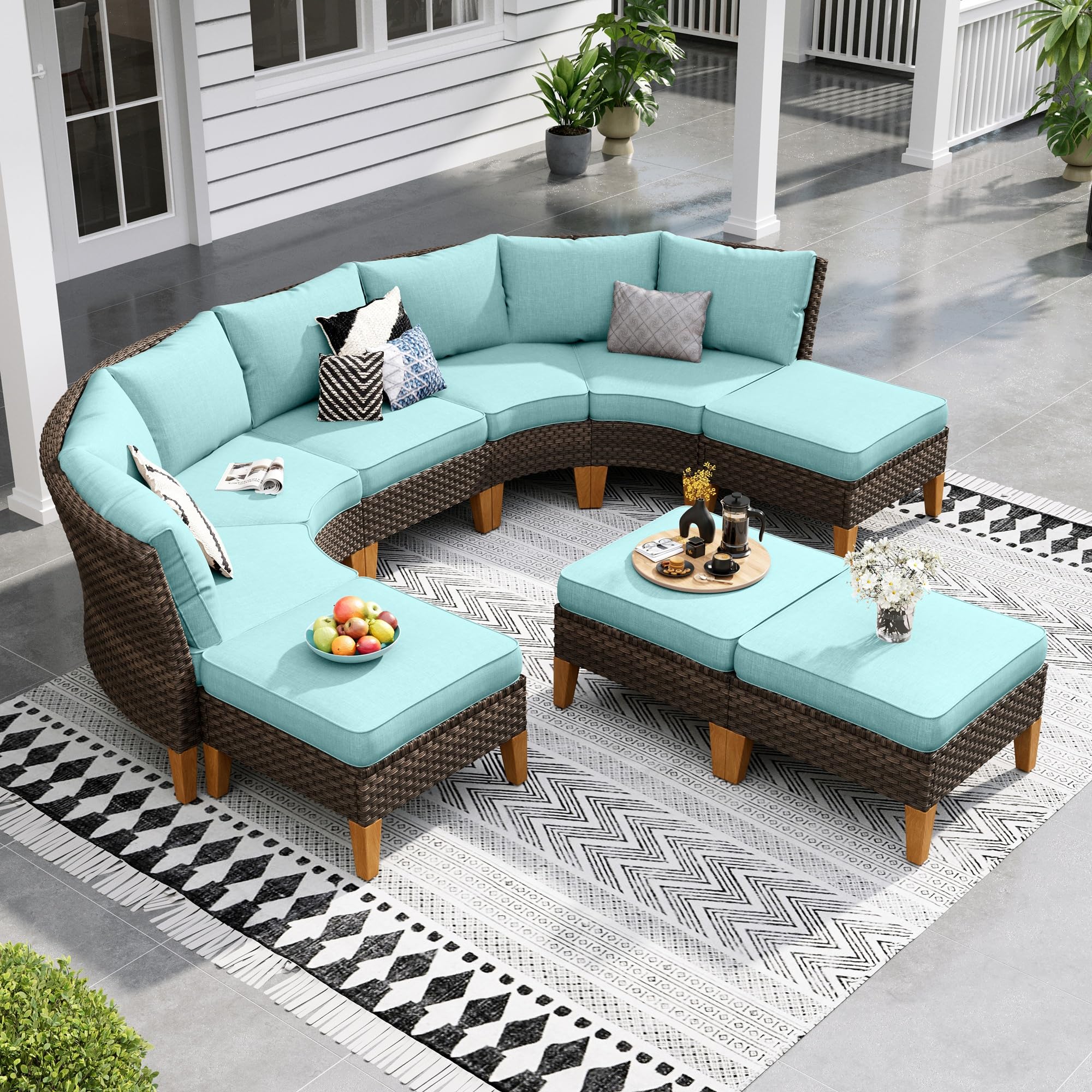 Sophia & William Half Moon Patio Furniture Set 7 Piece Outdoor Sectional Sofa Set, Wicker Patio Conversation Set with 2 Curved Sofa, 1 Armless Chairs, 2 Ottoman for Pool, Deck, Lawn (Beige)