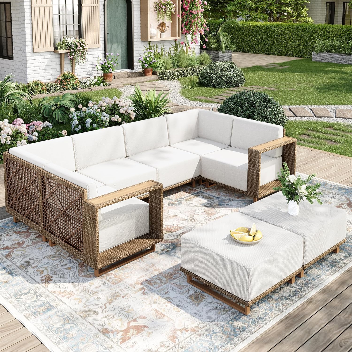 Patio Sectional Furniture Set, 6 Piece Outdoor Wicker Sofa Couch Set, Yellow Rattan Modular Outdoor Conversation Sets with 10" Extra Thick Cushions, Low Profile Lawn Deck Garden Furniture