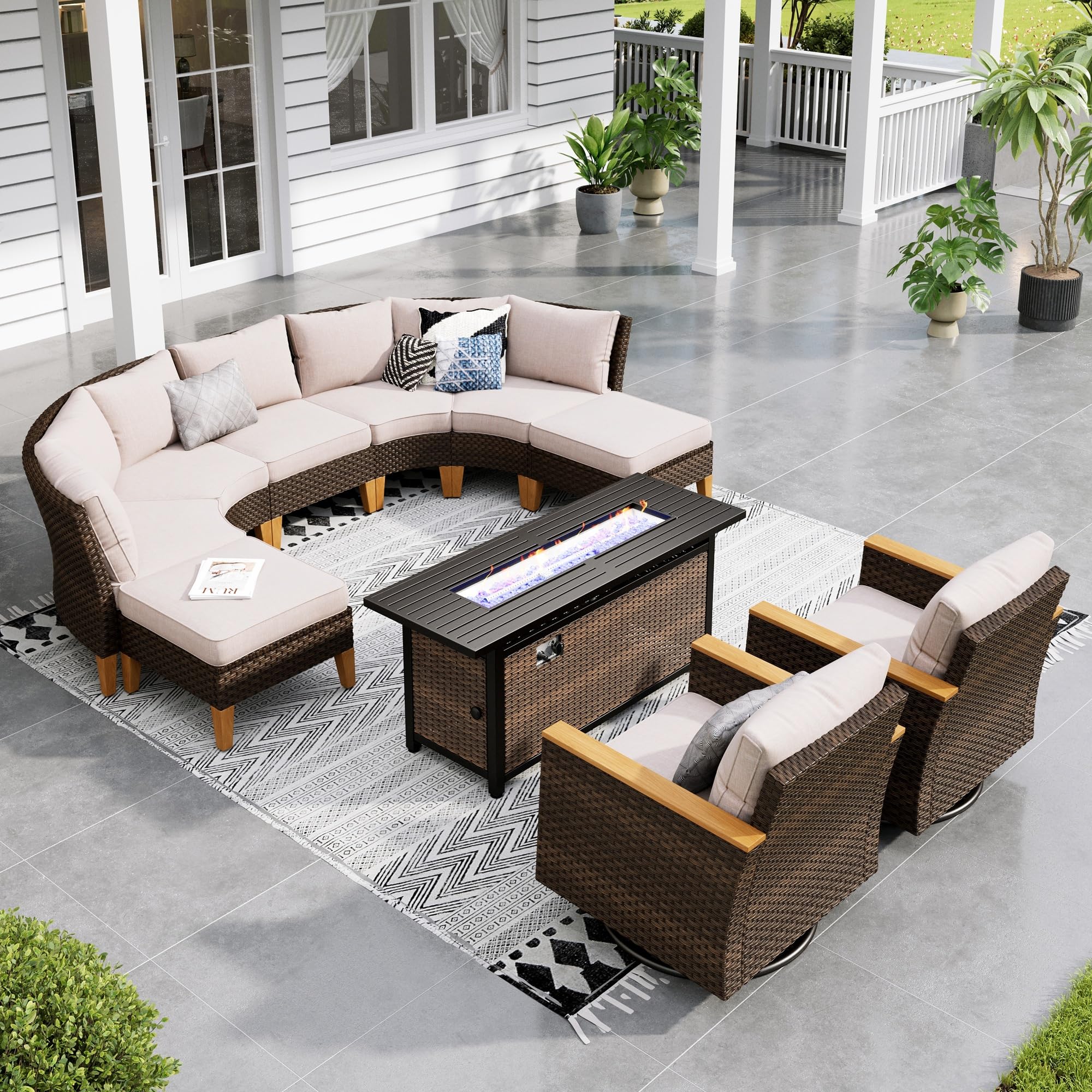 Sophia & William Half Moon Patio Furniture Set 7 Piece Outdoor Sectional Sofa Set, Wicker Patio Conversation Set with 2 Curved Sofa, 1 Armless Chairs, 2 Ottoman for Pool, Deck, Lawn (Beige)