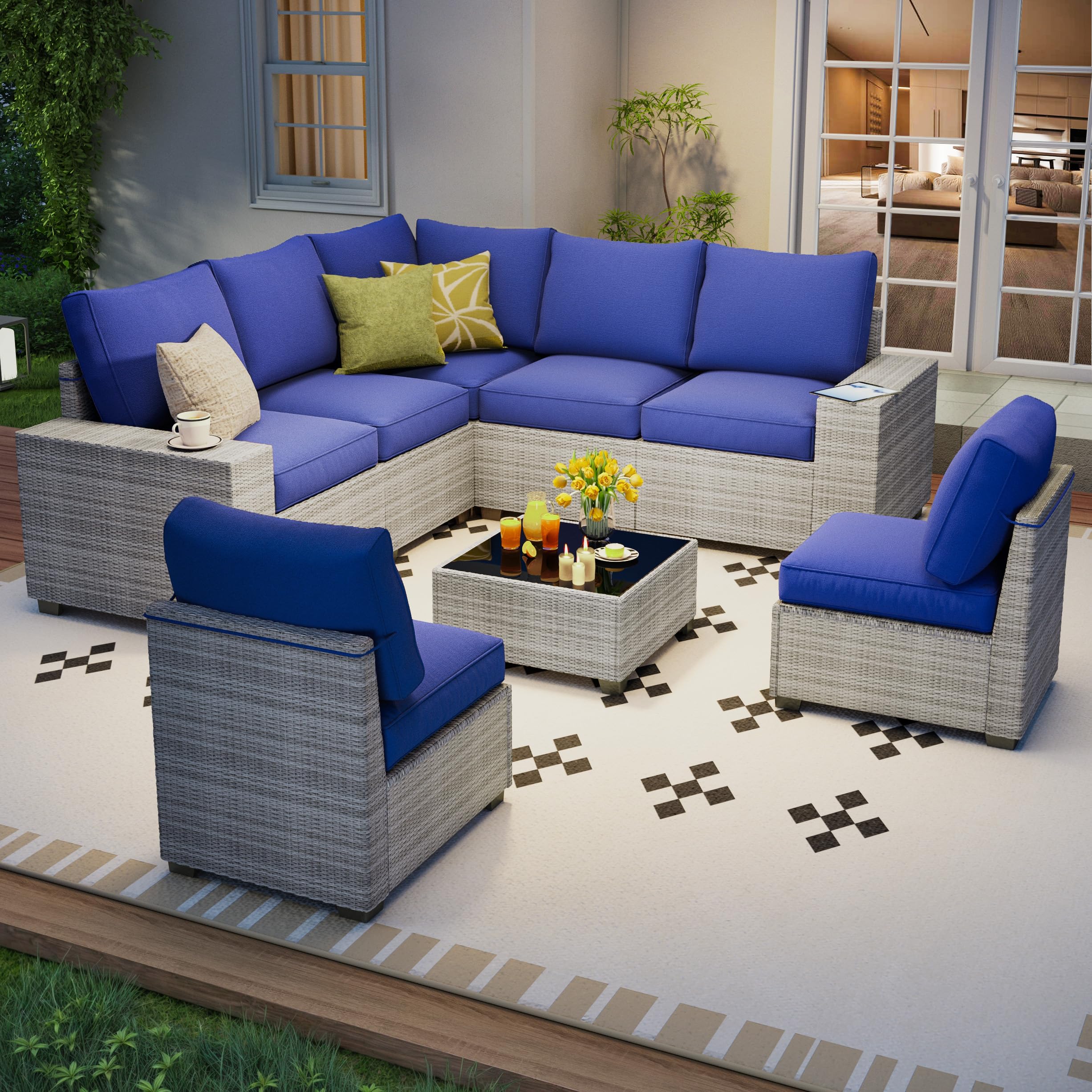 7 Piece Outdoor Patio Furniture Set, Outdoor Sectional Furniture, Rattan & Wicker Modern Modular Conversation Set Sectional Sofa W/Water Resistant Washable Thick Cushions and Coffee Table, Brown/Beige