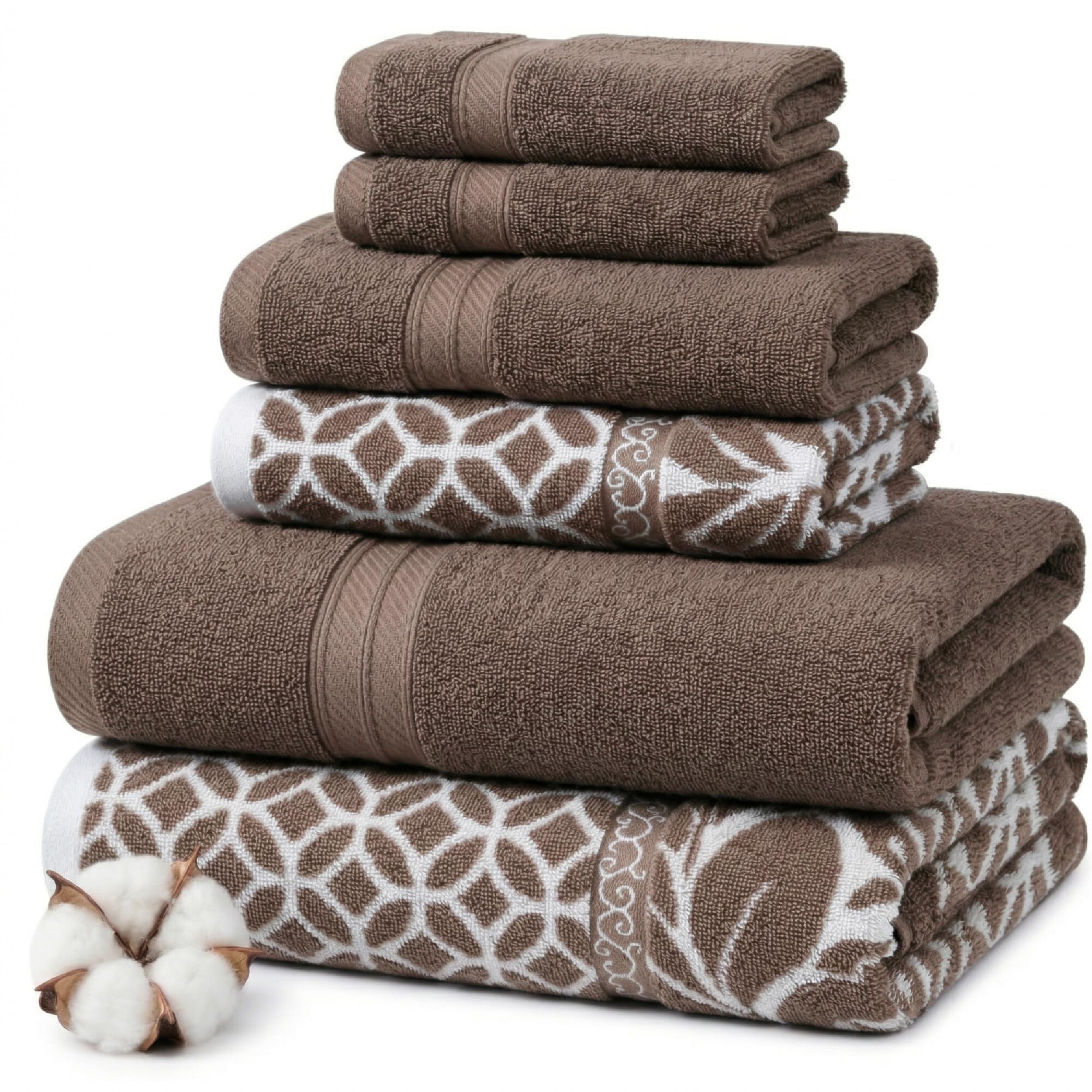Modern Threads Floral Trail 6-Piece 100% Cotton Towel Set – Reversible Yarn Dyed Jacquard – Includes 2 Bath Towels, 2 Hand Towels, 2 Washcloths – Absorbent, Quick Dry, Soft & Durable – Taupe Brown
