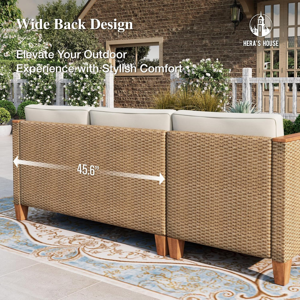 HERA'S HOUSE Small Patio Furniture Set, 3 Pieces Wicker Outdoor Sectional Sets,Yellow Rattan Conversation Set with Sofa and Coffee Table for Garden and Backyard, l Shape Boho Balcony Couch Sets
