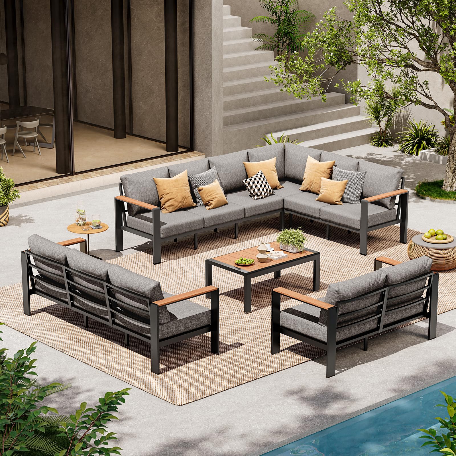 Aluminum Outdoor Patio Furniture Set 6 Seats, Outdoor Sectional Corner Sofa with Thick Waterproof Cushions & Coffee Table, Patio Conversation Sets for Backyard, Porch, Balcony, Deck, Gray