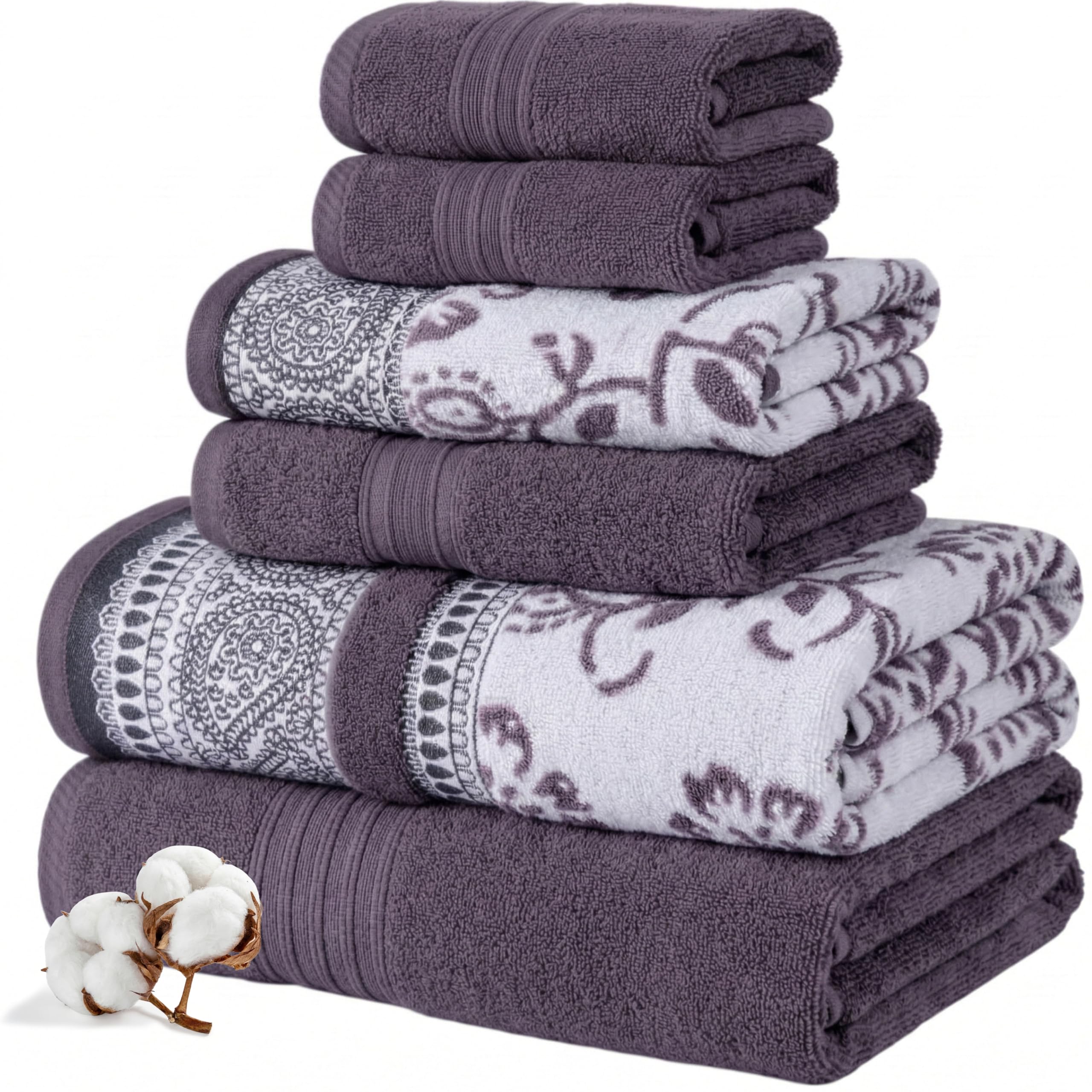 Modern Threads Floral Trail 6-Piece 100% Cotton Towel Set – Reversible Yarn Dyed Jacquard – Includes 2 Bath Towels, 2 Hand Towels, 2 Washcloths – Absorbent, Quick Dry, Soft & Durable – Taupe Brown