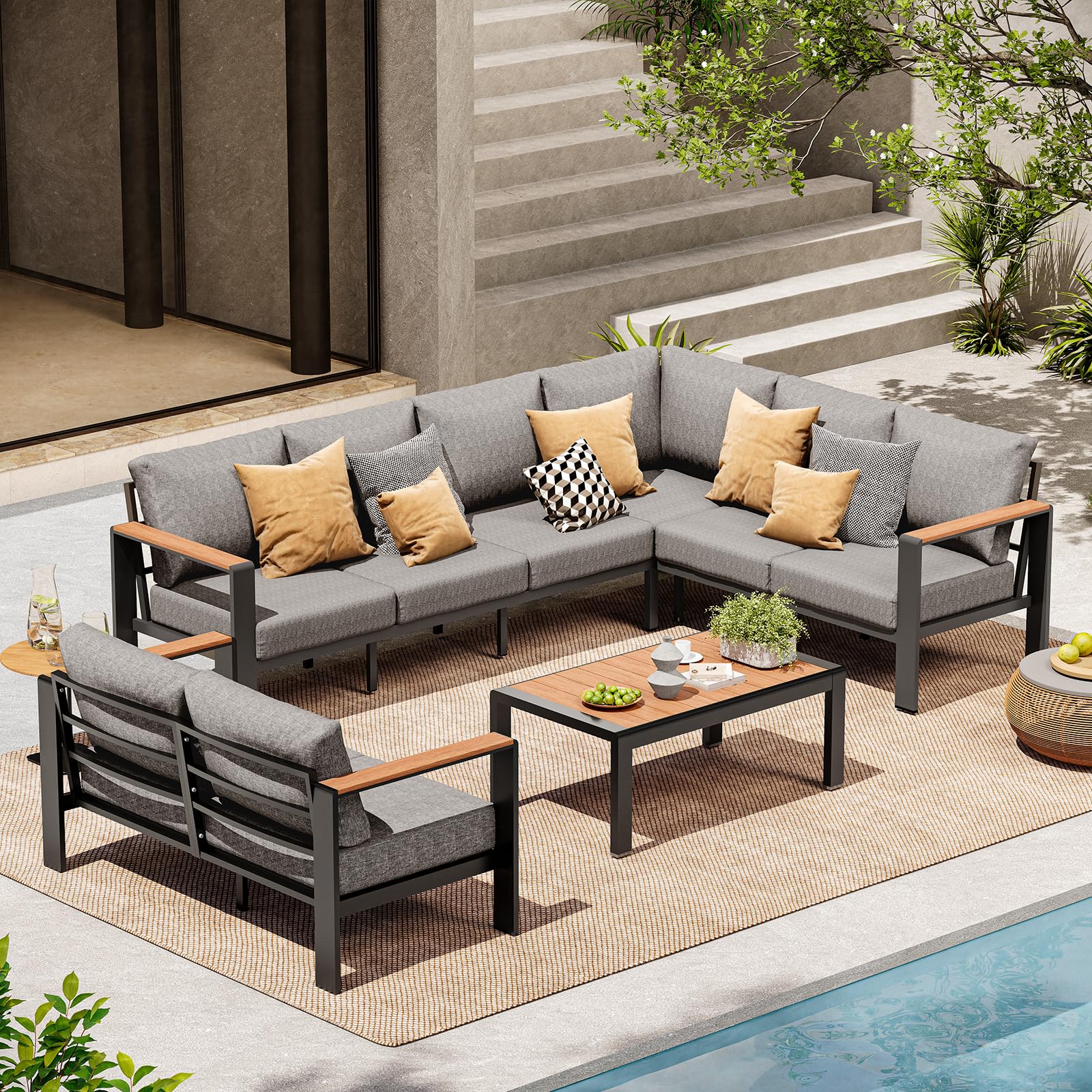 Aluminum Outdoor Patio Furniture Set 6 Seats, Outdoor Sectional Corner Sofa with Thick Waterproof Cushions & Coffee Table, Patio Conversation Sets for Backyard, Porch, Balcony, Deck, Gray