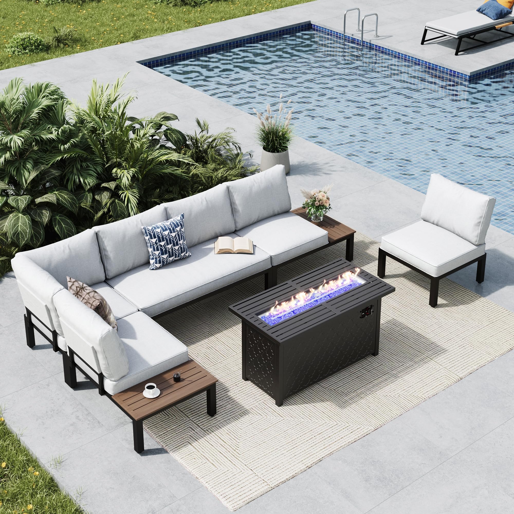 MFSTUDIO 6 Pieces Patio Furniture Set, Metal Outdoor Sectional Sofa Modular Outdoor Couch, Modern Patio Conversation Set with Coffee Table for Backyard, Garden