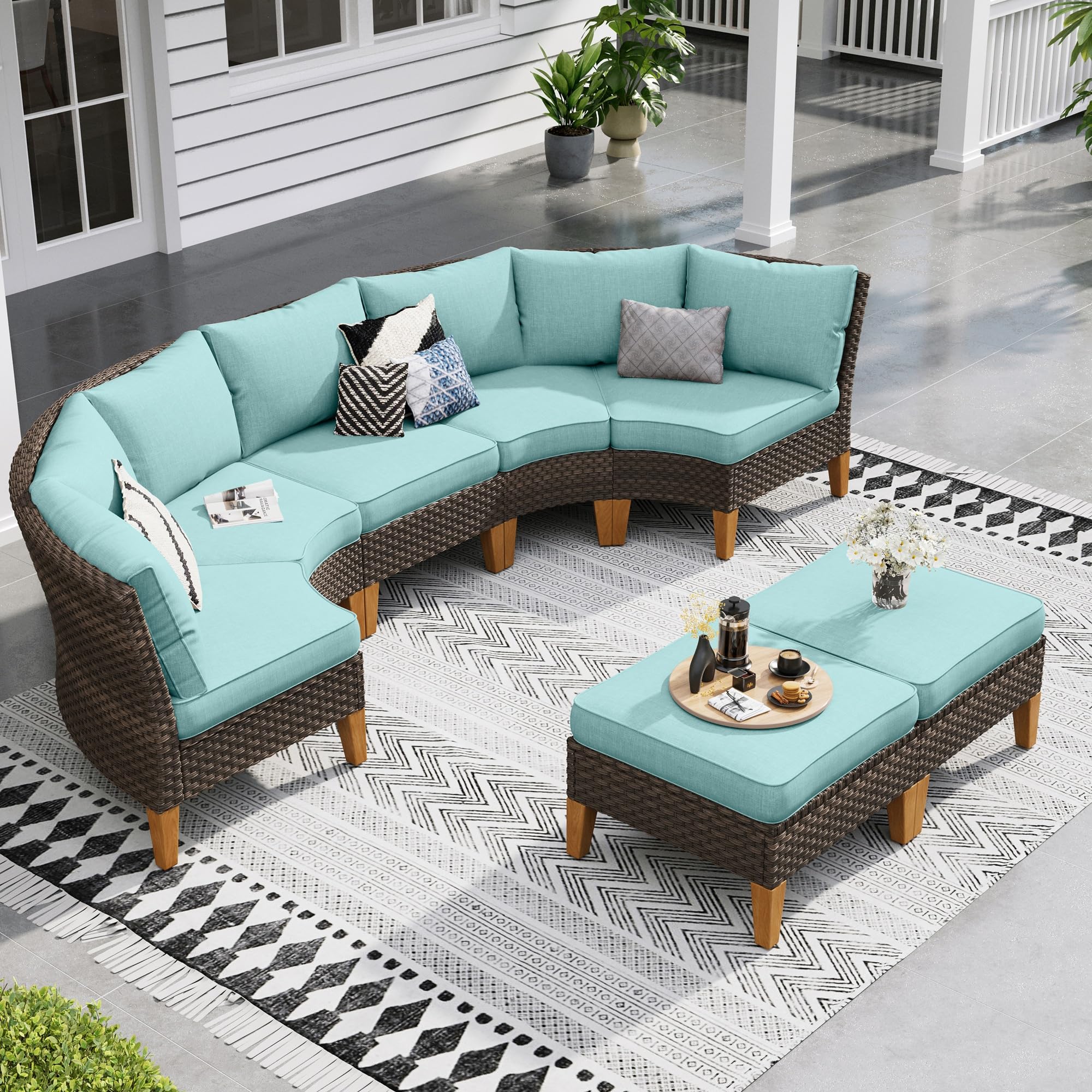 Sophia & William Half Moon Patio Furniture Set 7 Piece Outdoor Sectional Sofa Set, Wicker Patio Conversation Set with 2 Curved Sofa, 1 Armless Chairs, 2 Ottoman for Pool, Deck, Lawn (Beige)