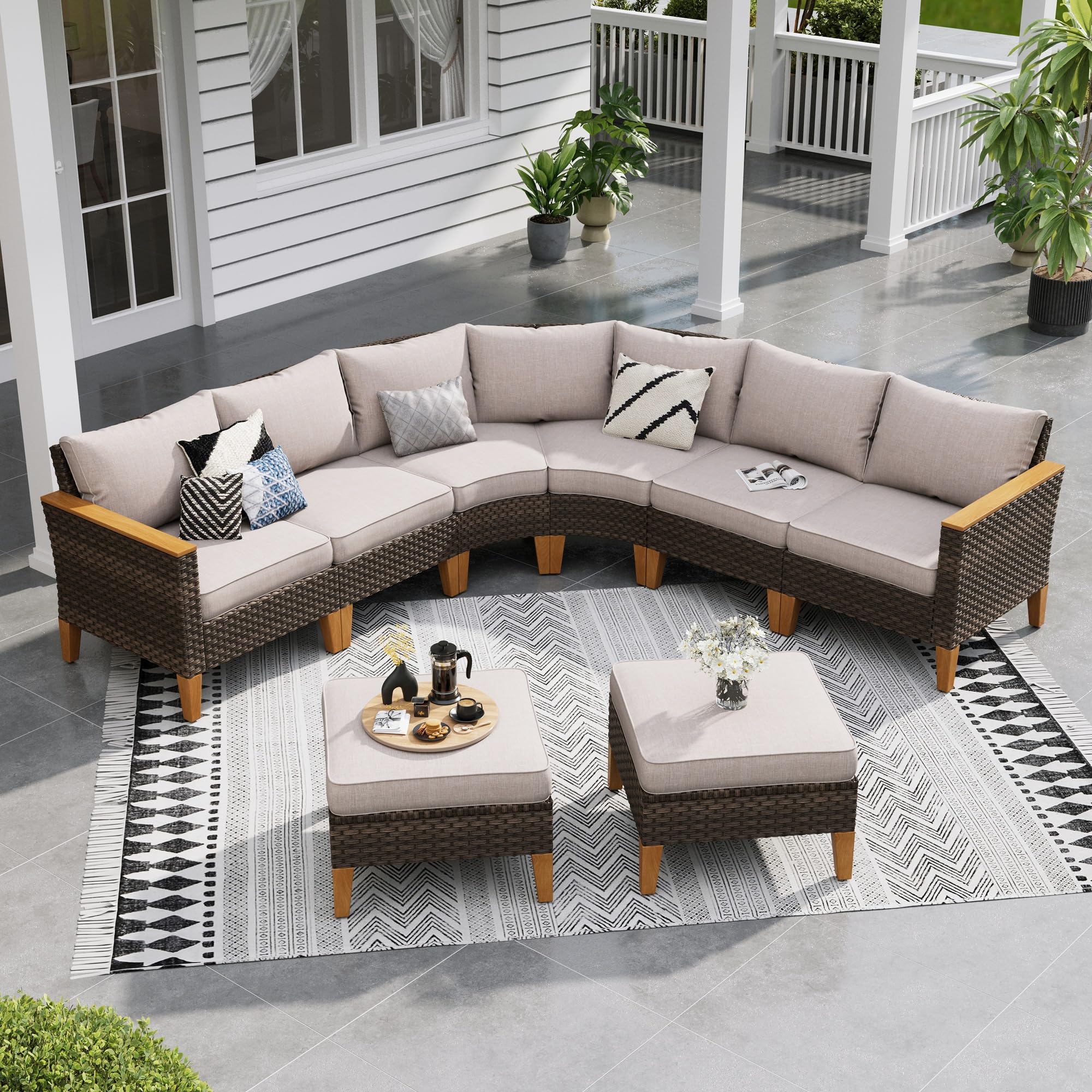 Sophia & William Half Moon Patio Furniture Set 7 Piece Outdoor Sectional Sofa Set, Wicker Patio Conversation Set with 2 Curved Sofa, 1 Armless Chairs, 2 Ottoman for Pool, Deck, Lawn (Beige)
