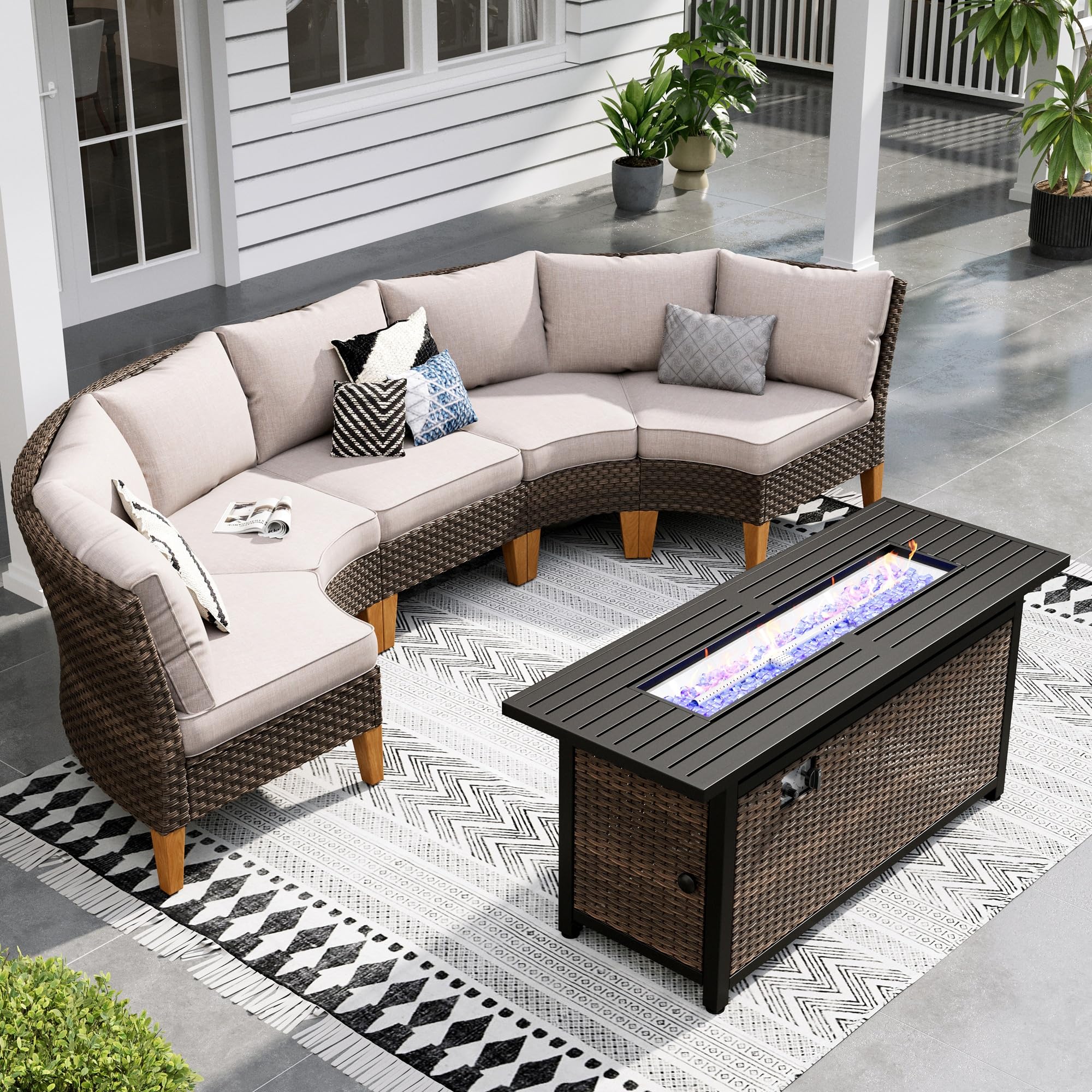 Sophia & William Half Moon Patio Furniture Set 7 Piece Outdoor Sectional Sofa Set, Wicker Patio Conversation Set with 2 Curved Sofa, 1 Armless Chairs, 2 Ottoman for Pool, Deck, Lawn (Beige)