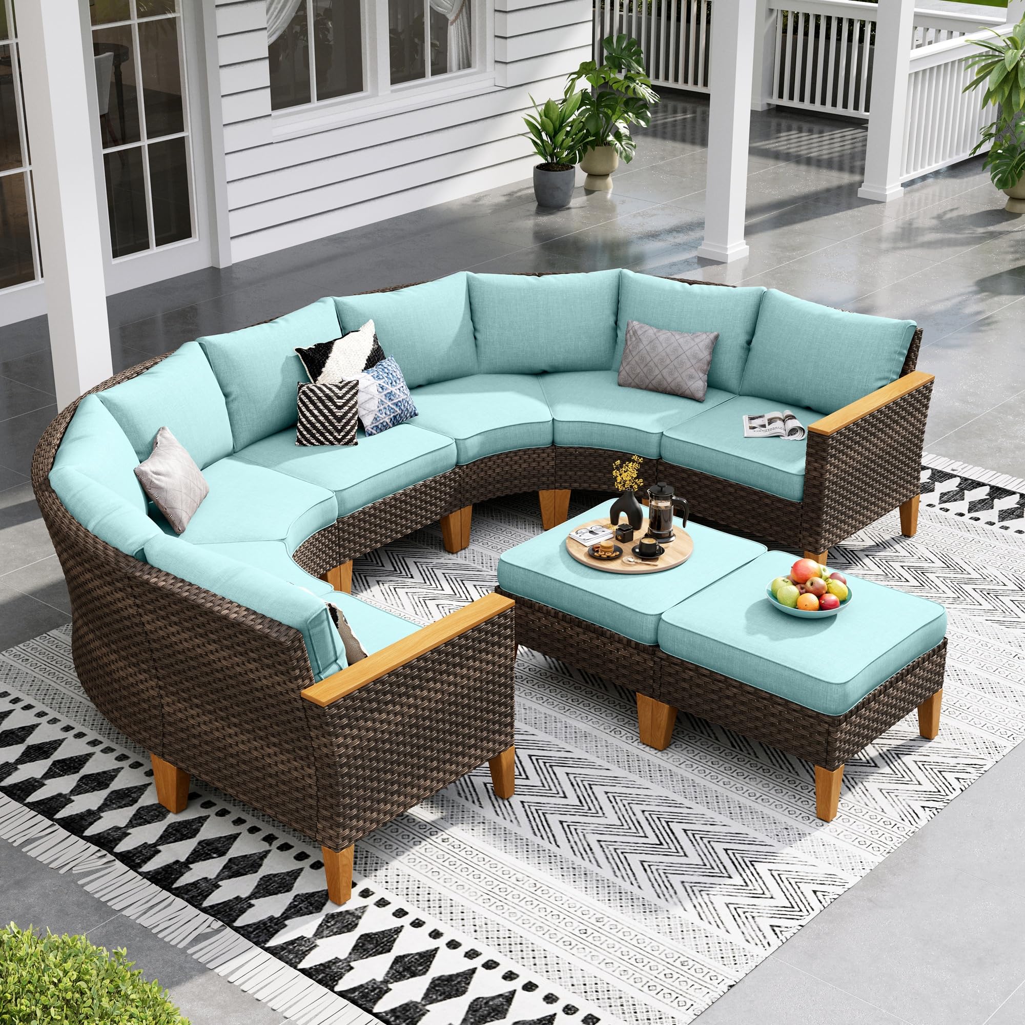 Sophia & William Half Moon Patio Furniture Set 7 Piece Outdoor Sectional Sofa Set, Wicker Patio Conversation Set with 2 Curved Sofa, 1 Armless Chairs, 2 Ottoman for Pool, Deck, Lawn (Beige)