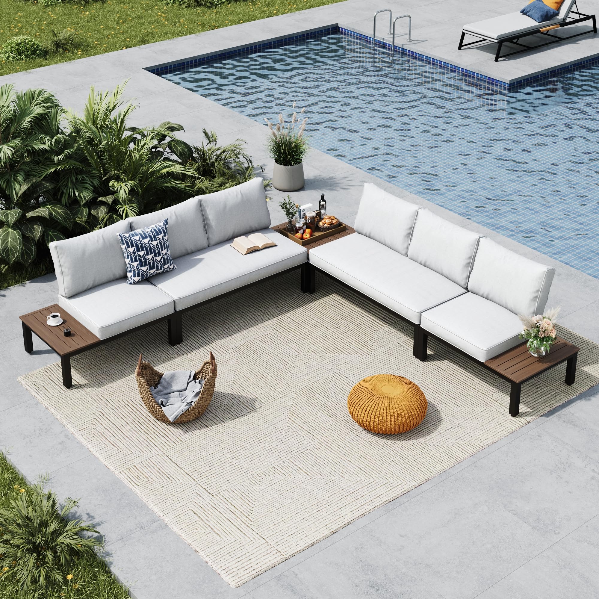 MFSTUDIO 6 Pieces Patio Furniture Set, Metal Outdoor Sectional Sofa Modular Outdoor Couch, Modern Patio Conversation Set with Coffee Table for Backyard, Garden