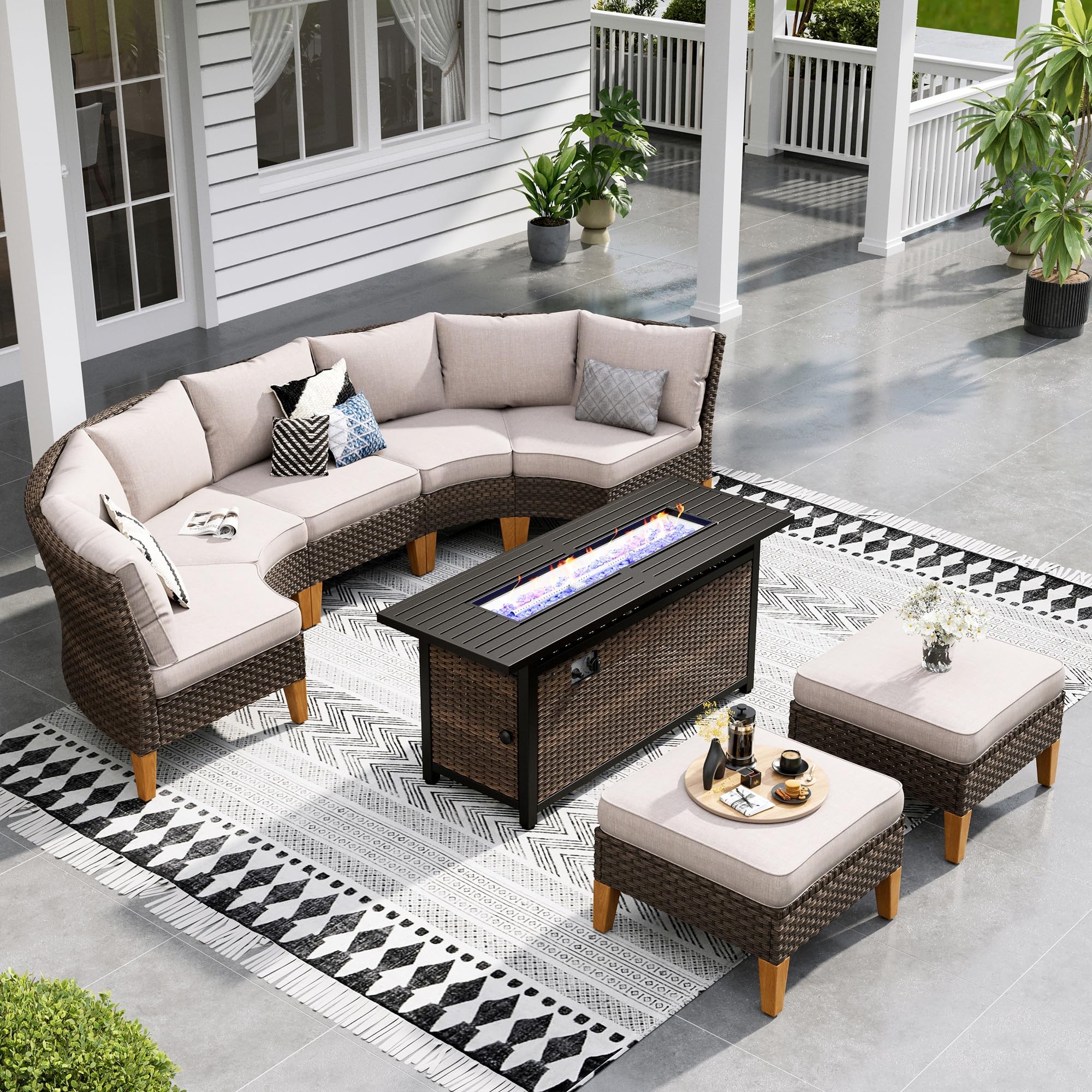 Sophia & William Half Moon Patio Furniture Set 7 Piece Outdoor Sectional Sofa Set, Wicker Patio Conversation Set with 2 Curved Sofa, 1 Armless Chairs, 2 Ottoman for Pool, Deck, Lawn (Beige)