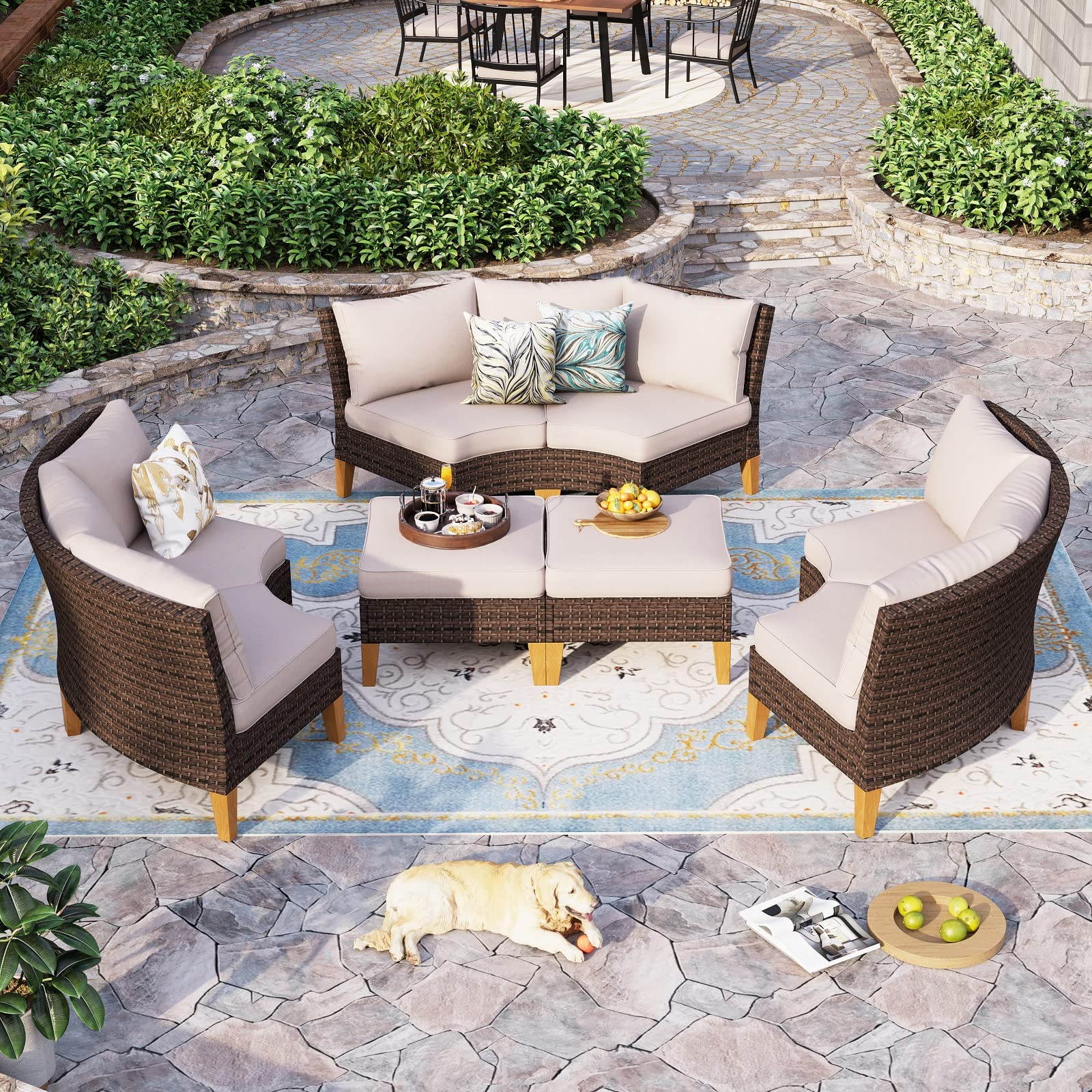 Sophia & William Half Moon Patio Furniture Set 7 Piece Outdoor Sectional Sofa Set, Wicker Patio Conversation Set with 2 Curved Sofa, 1 Armless Chairs, 2 Ottoman for Pool, Deck, Lawn (Beige)