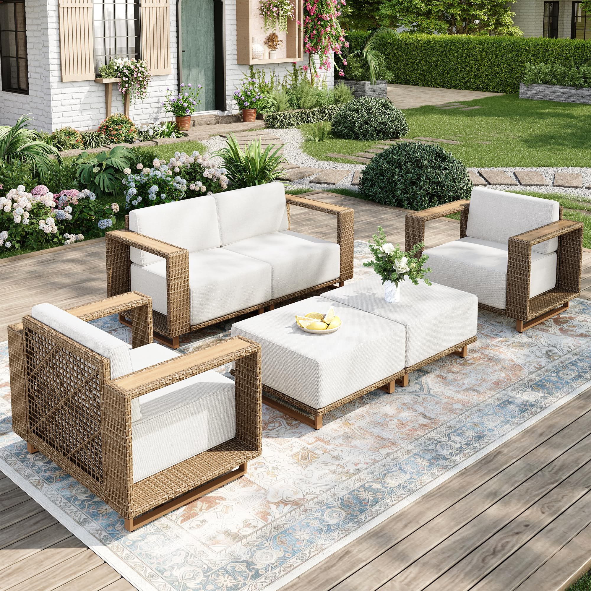 Patio Sectional Furniture Set, 6 Piece Outdoor Wicker Sofa Couch Set, Yellow Rattan Modular Outdoor Conversation Sets with 10" Extra Thick Cushions, Low Profile Lawn Deck Garden Furniture