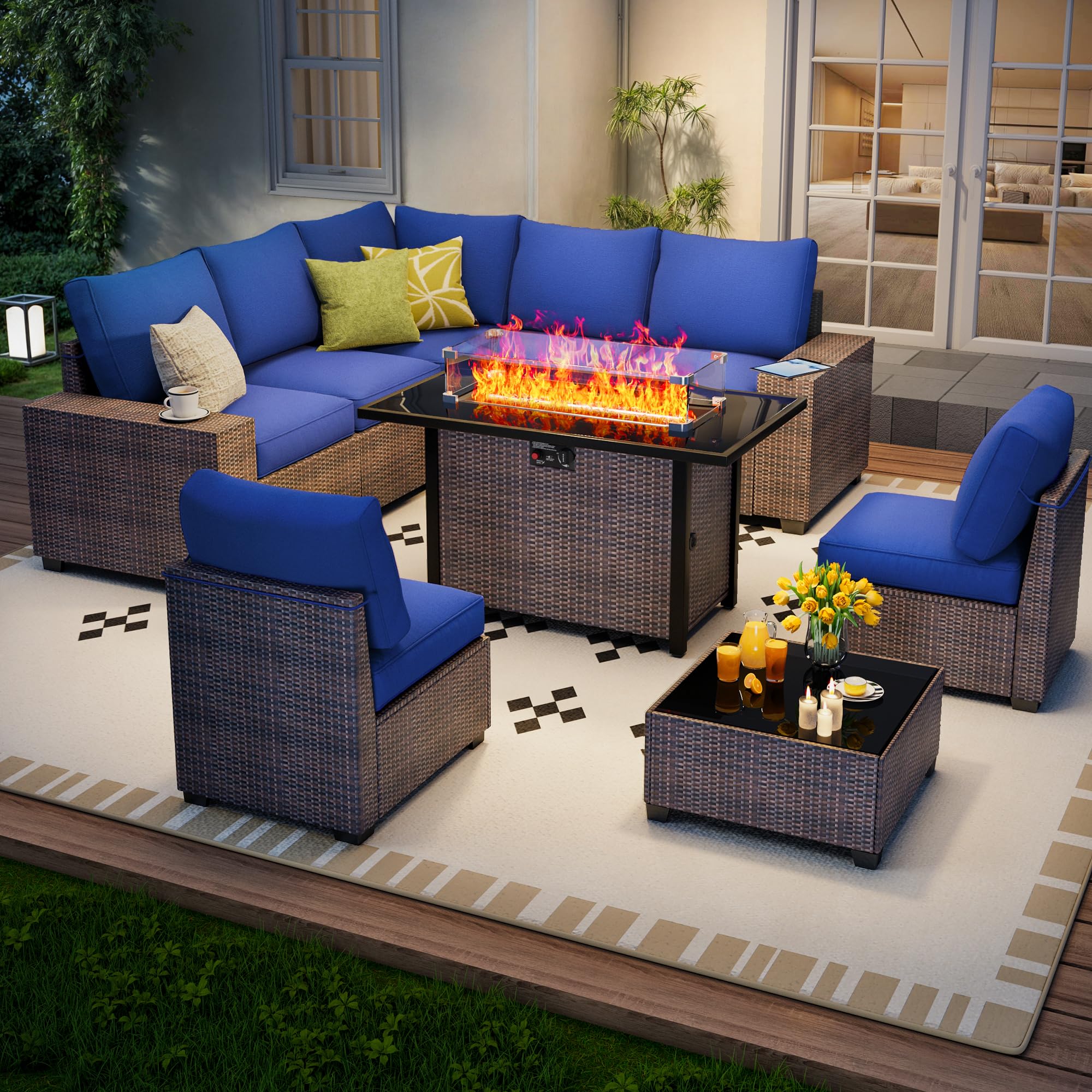 7 Piece Outdoor Patio Furniture Set, Outdoor Sectional Furniture, Rattan & Wicker Modern Modular Conversation Set Sectional Sofa W/Water Resistant Washable Thick Cushions and Coffee Table, Brown/Beige