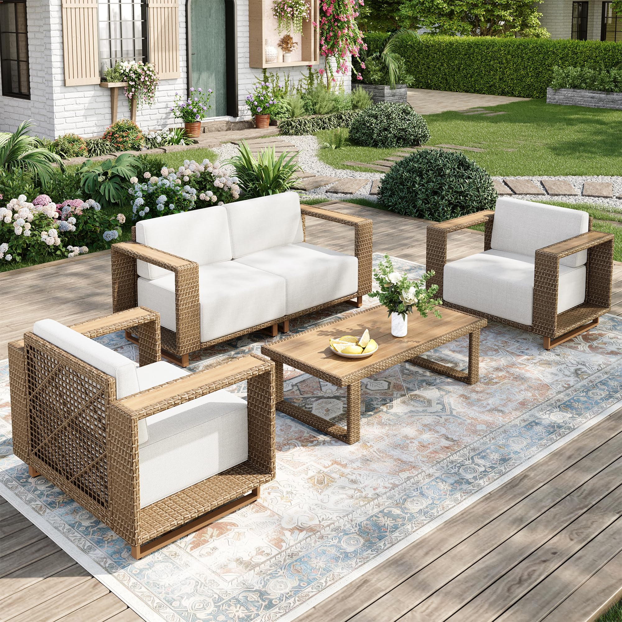 Patio Sectional Furniture Set, 6 Piece Outdoor Wicker Sofa Couch Set, Yellow Rattan Modular Outdoor Conversation Sets with 10" Extra Thick Cushions, Low Profile Lawn Deck Garden Furniture