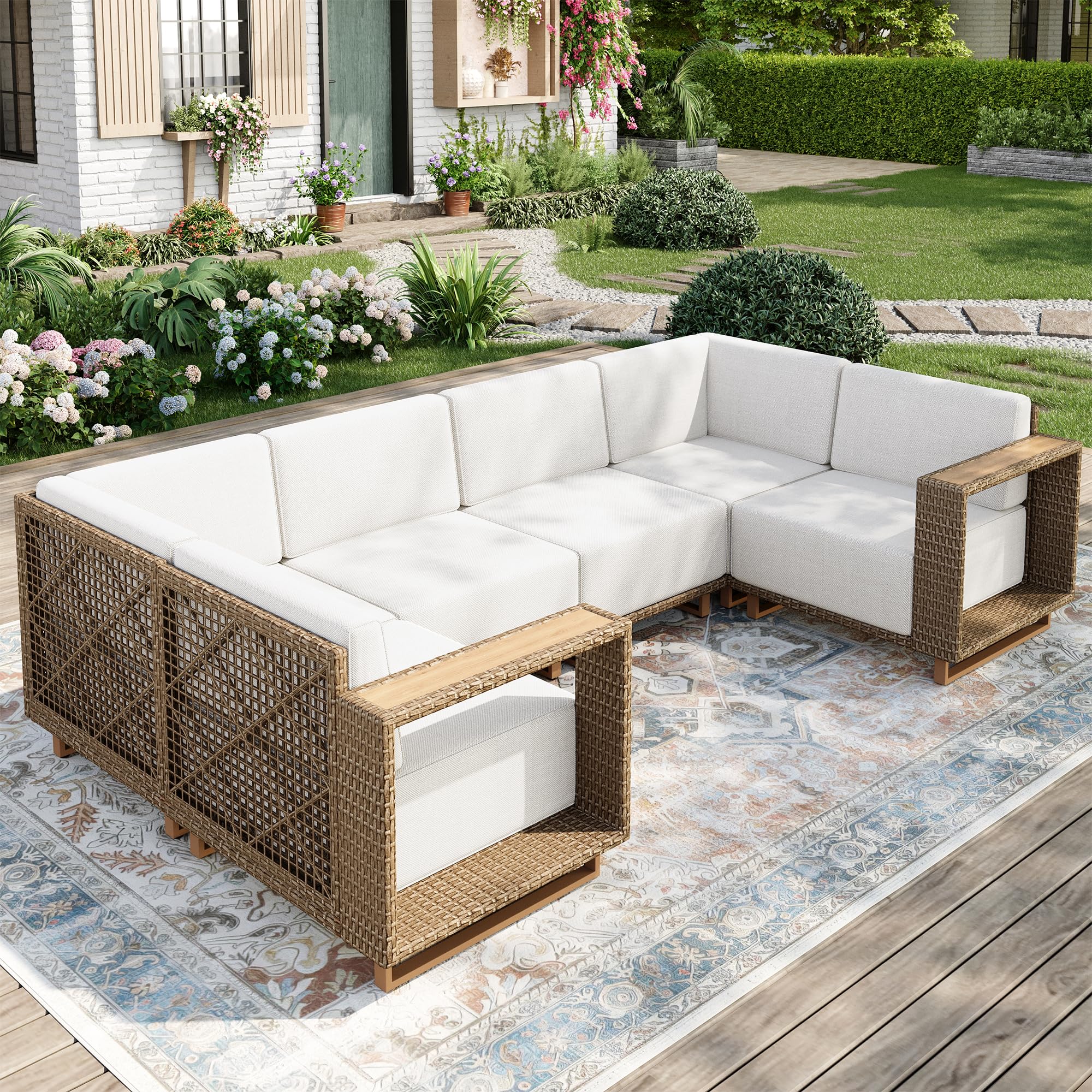Patio Sectional Furniture Set, 6 Piece Outdoor Wicker Sofa Couch Set, Yellow Rattan Modular Outdoor Conversation Sets with 10" Extra Thick Cushions, Low Profile Lawn Deck Garden Furniture