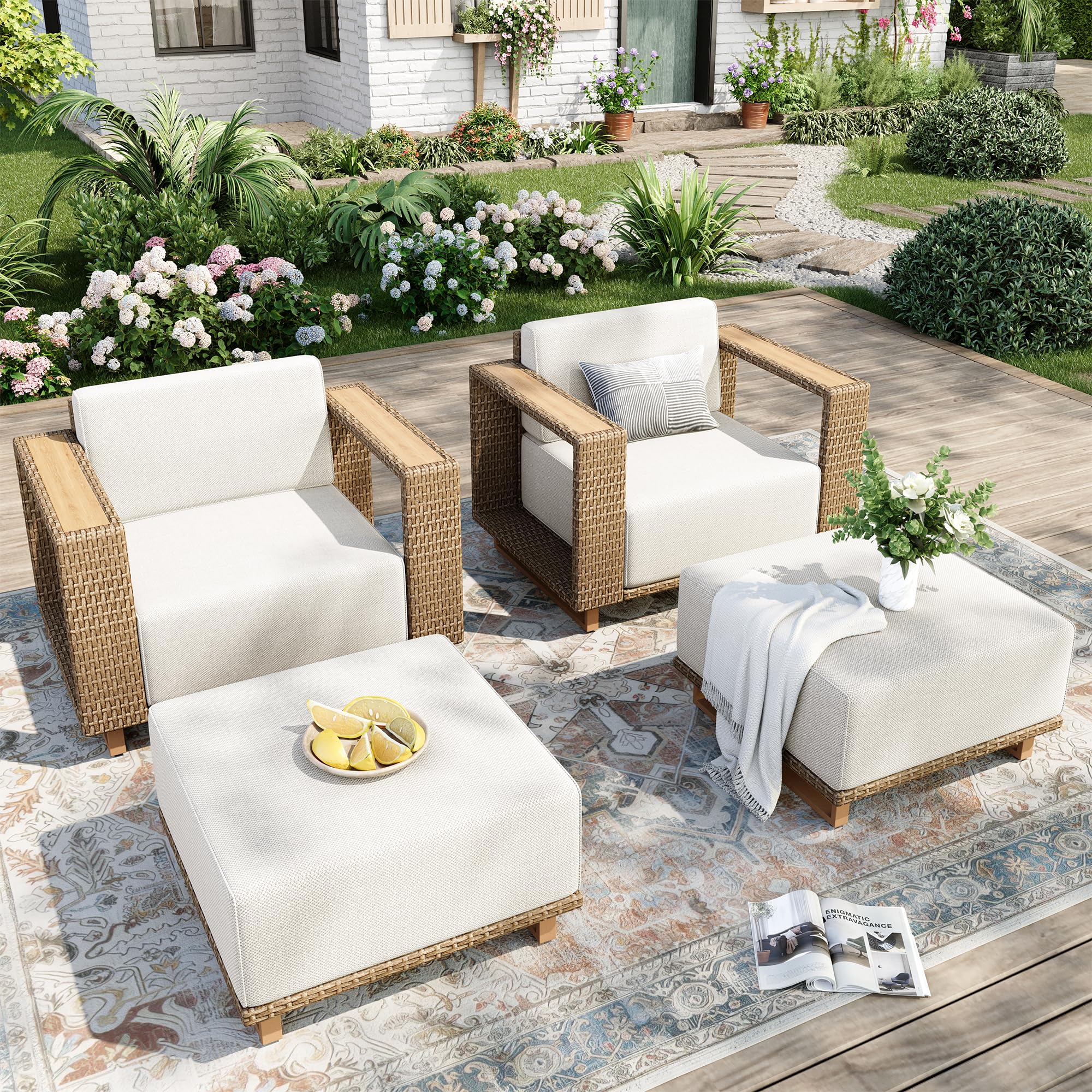 Patio Sectional Furniture Set, 6 Piece Outdoor Wicker Sofa Couch Set, Yellow Rattan Modular Outdoor Conversation Sets with 10" Extra Thick Cushions, Low Profile Lawn Deck Garden Furniture