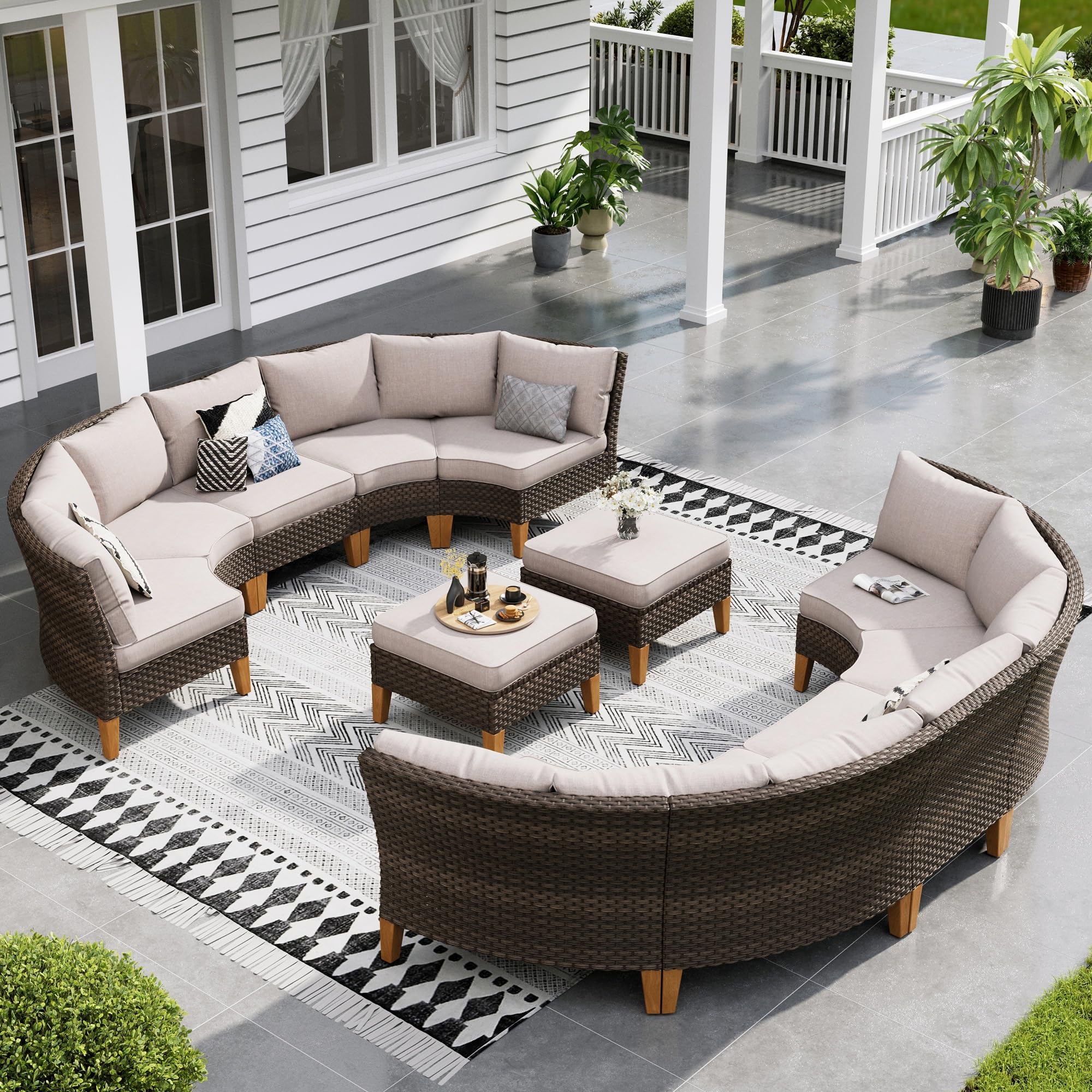 Sophia & William Half Moon Patio Furniture Set 7 Piece Outdoor Sectional Sofa Set, Wicker Patio Conversation Set with 2 Curved Sofa, 1 Armless Chairs, 2 Ottoman for Pool, Deck, Lawn (Beige)