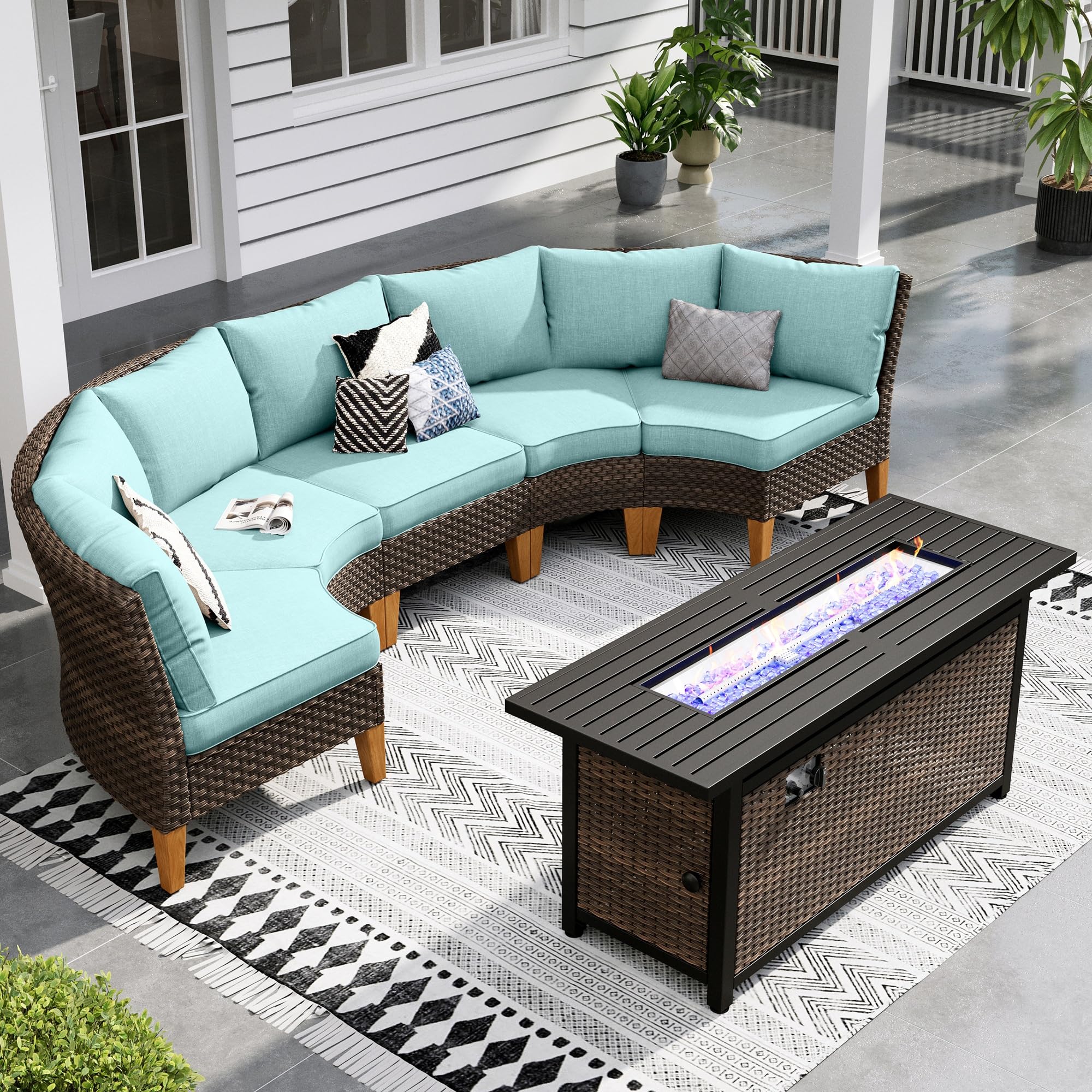 Sophia & William Half Moon Patio Furniture Set 7 Piece Outdoor Sectional Sofa Set, Wicker Patio Conversation Set with 2 Curved Sofa, 1 Armless Chairs, 2 Ottoman for Pool, Deck, Lawn (Beige)