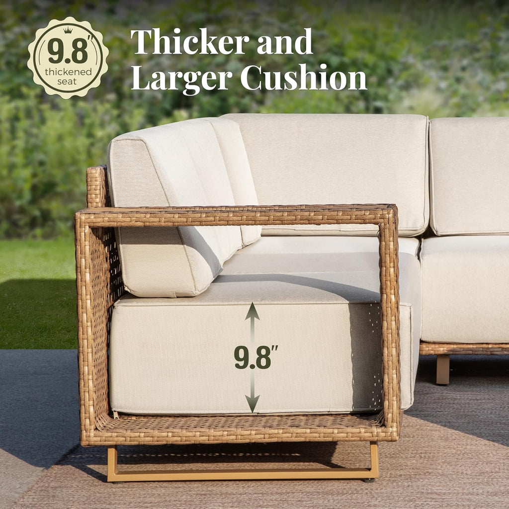 Patio Sectional Furniture Set, 6 Piece Outdoor Wicker Sofa Couch Set, Yellow Rattan Modular Outdoor Conversation Sets with 10" Extra Thick Cushions, Low Profile Lawn Deck Garden Furniture
