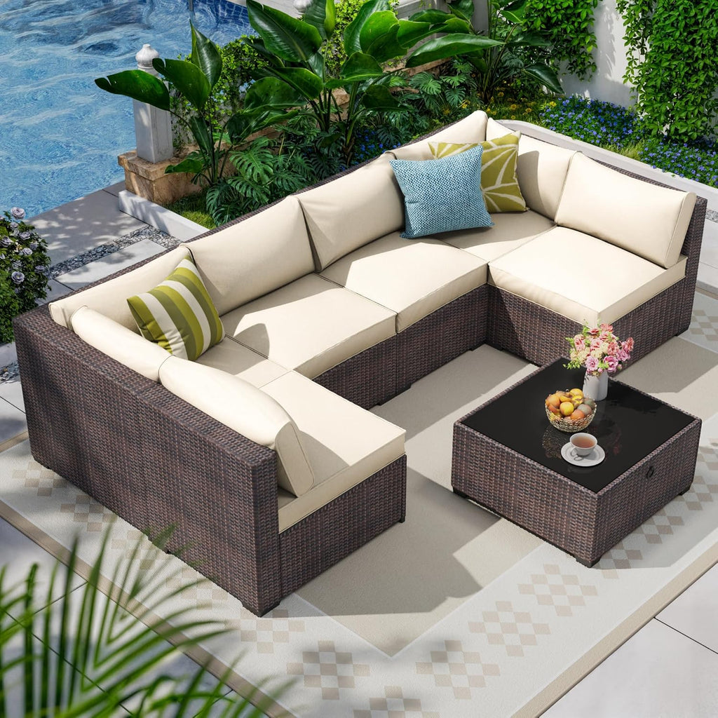7 Piece Outdoor Patio Furniture Set, Outdoor Sectional Furniture, Rattan & Wicker Modern Modular Conversation Set Sectional Sofa W/Water Resistant Washable Thick Cushions and Coffee Table, Brown/Beige