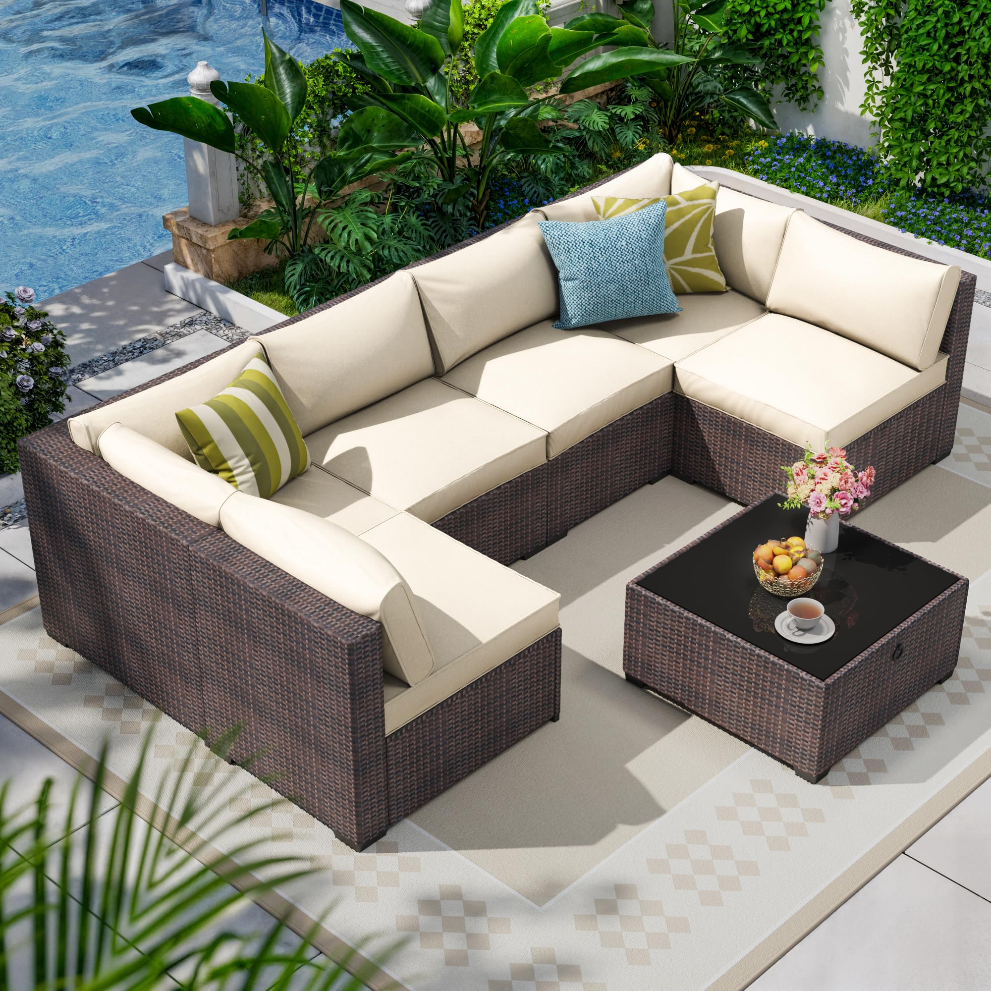 7 Piece Outdoor Patio Furniture Set, Outdoor Sectional Furniture, Rattan & Wicker Modern Modular Conversation Set Sectional Sofa W/Water Resistant Washable Thick Cushions and Coffee Table, Brown/Beige