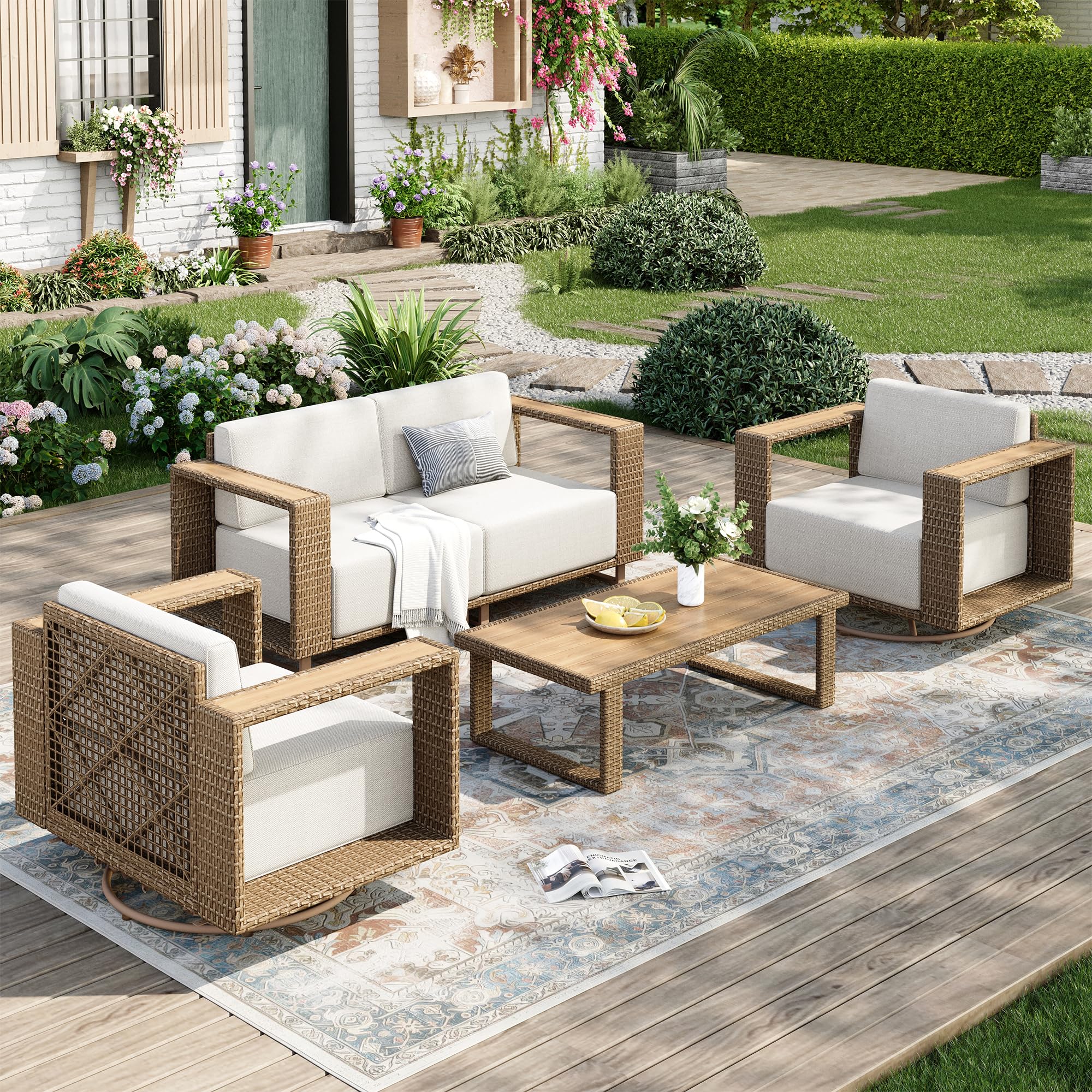 Patio Sectional Furniture Set, 6 Piece Outdoor Wicker Sofa Couch Set, Yellow Rattan Modular Outdoor Conversation Sets with 10" Extra Thick Cushions, Low Profile Lawn Deck Garden Furniture