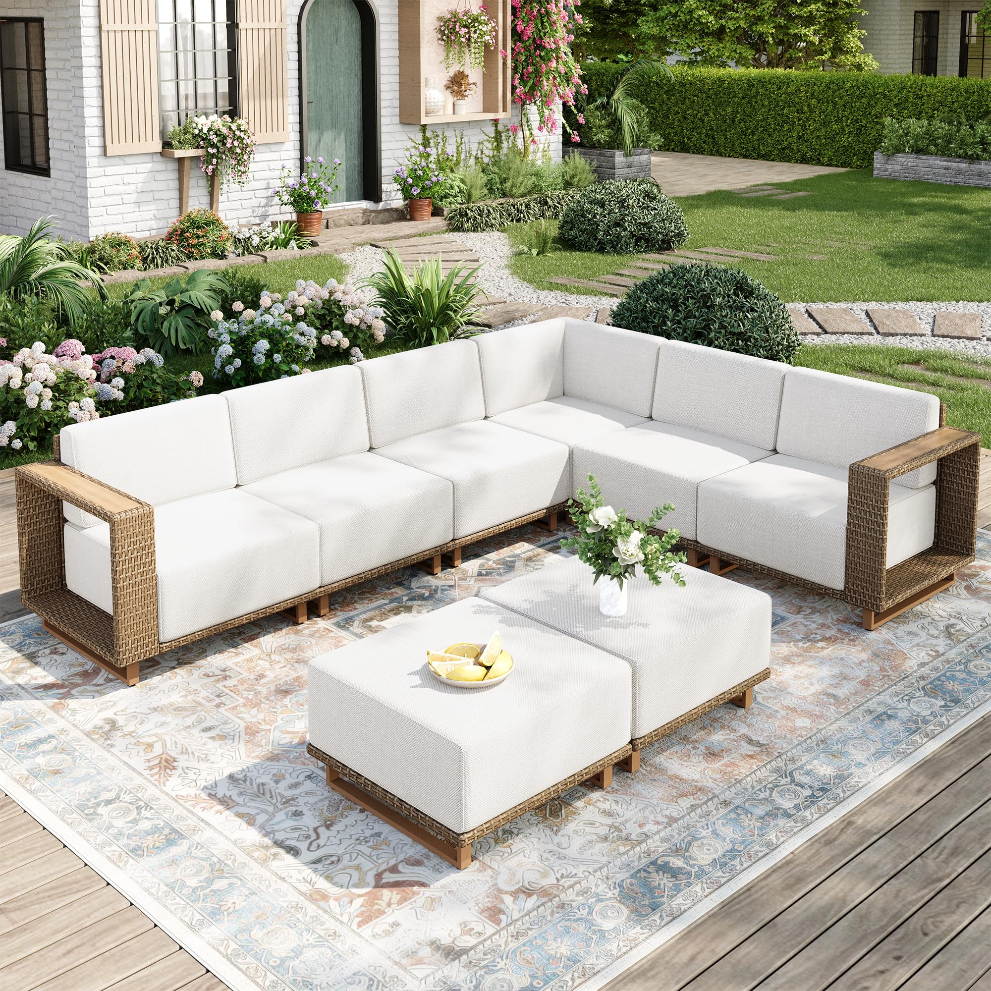 Patio Sectional Furniture Set, 6 Piece Outdoor Wicker Sofa Couch Set, Yellow Rattan Modular Outdoor Conversation Sets with 10" Extra Thick Cushions, Low Profile Lawn Deck Garden Furniture
