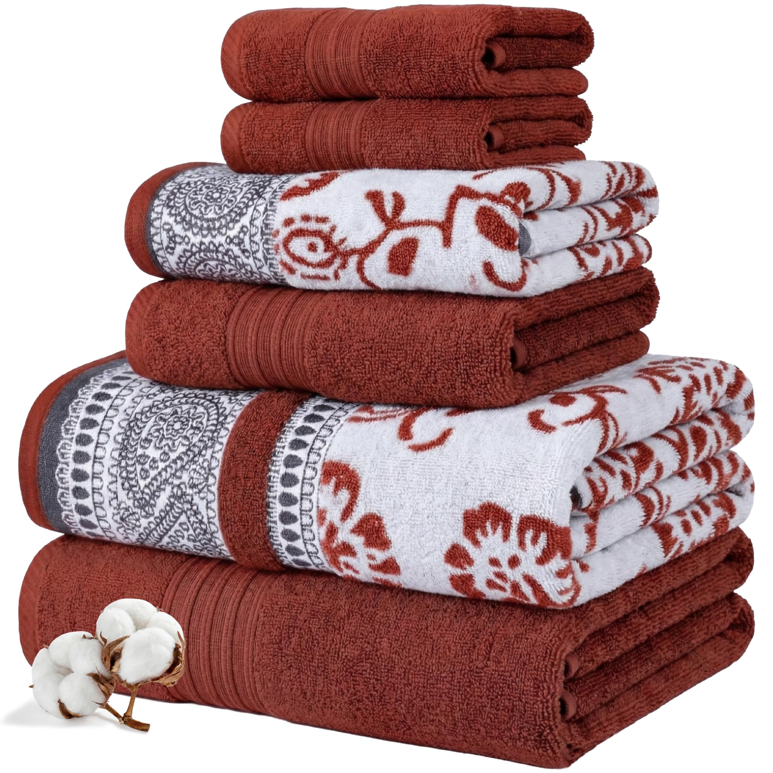 Modern Threads Floral Trail 6-Piece 100% Cotton Towel Set – Reversible Yarn Dyed Jacquard – Includes 2 Bath Towels, 2 Hand Towels, 2 Washcloths – Absorbent, Quick Dry, Soft & Durable – Taupe Brown