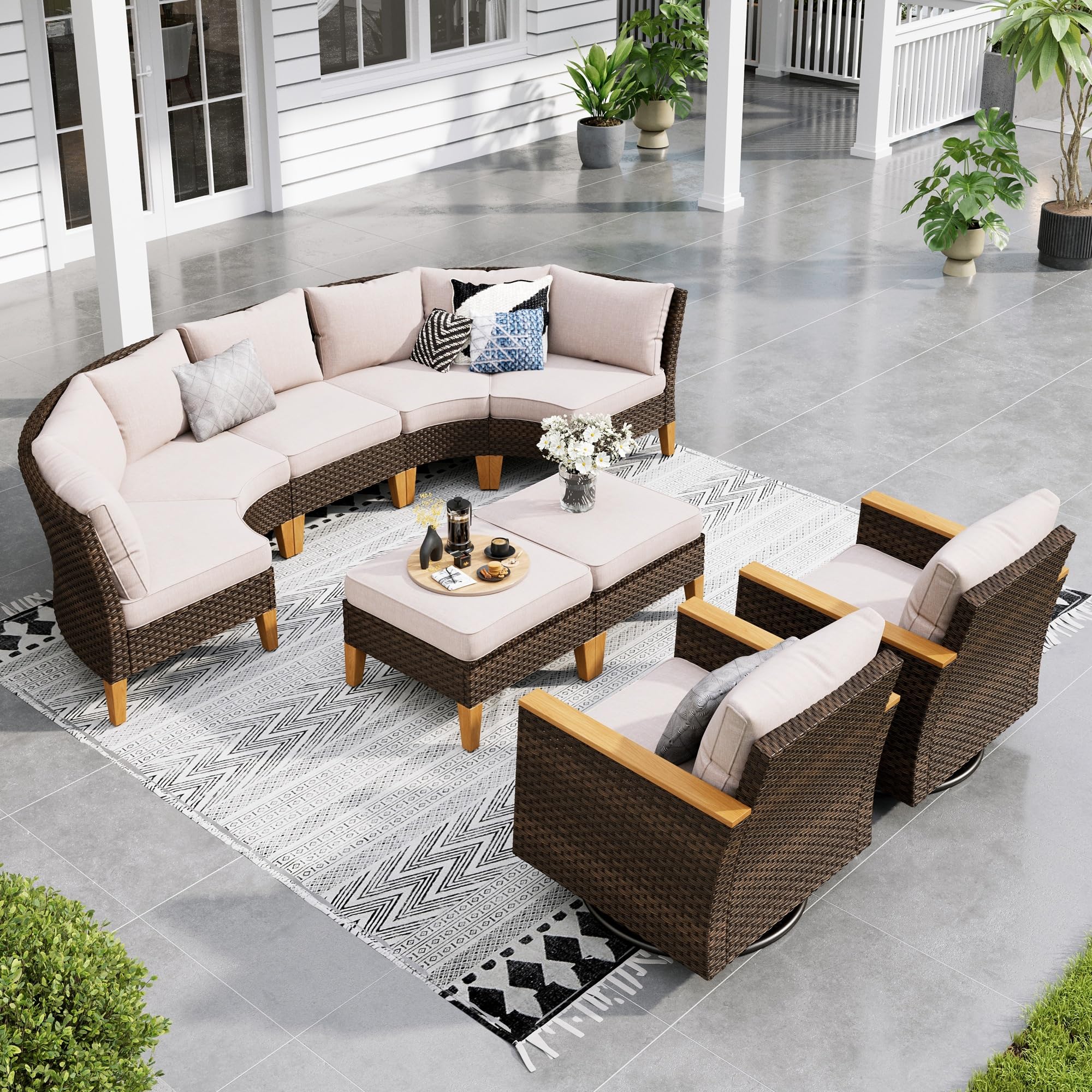 Sophia & William Half Moon Patio Furniture Set 7 Piece Outdoor Sectional Sofa Set, Wicker Patio Conversation Set with 2 Curved Sofa, 1 Armless Chairs, 2 Ottoman for Pool, Deck, Lawn (Beige)