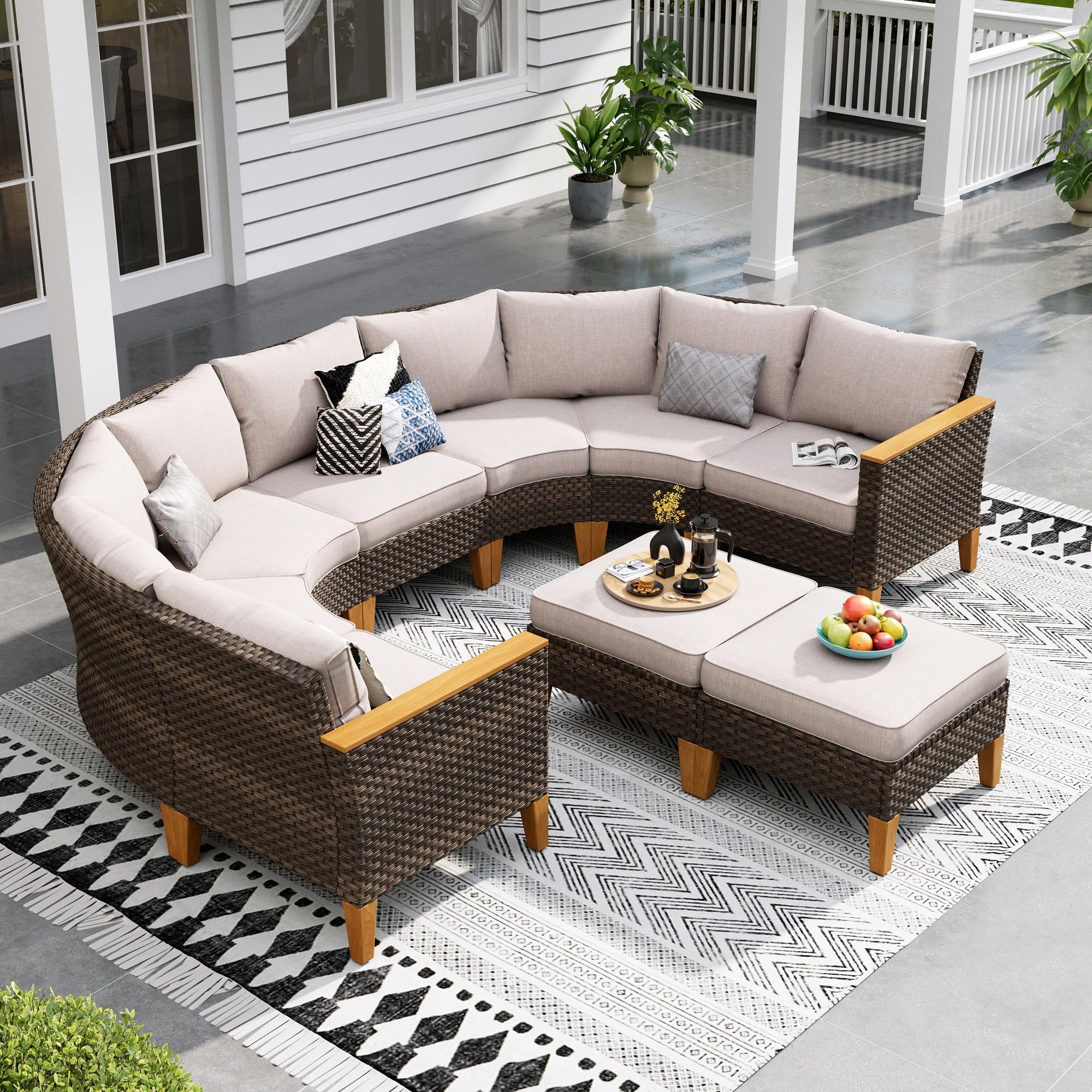 Sophia & William Half Moon Patio Furniture Set 7 Piece Outdoor Sectional Sofa Set, Wicker Patio Conversation Set with 2 Curved Sofa, 1 Armless Chairs, 2 Ottoman for Pool, Deck, Lawn (Beige)