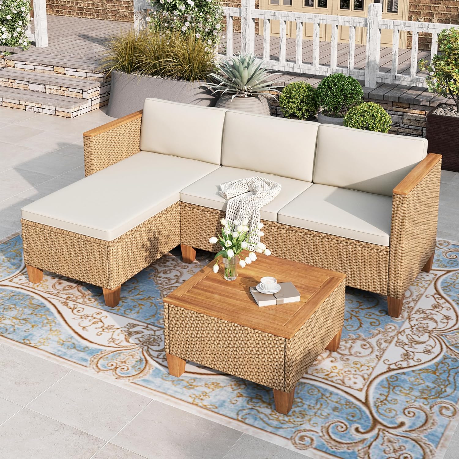 HERA'S HOUSE Small Patio Furniture Set, 3 Pieces Wicker Outdoor Sectional Sets,Yellow Rattan Conversation Set with Sofa and Coffee Table for Garden and Backyard, l Shape Boho Balcony Couch Sets