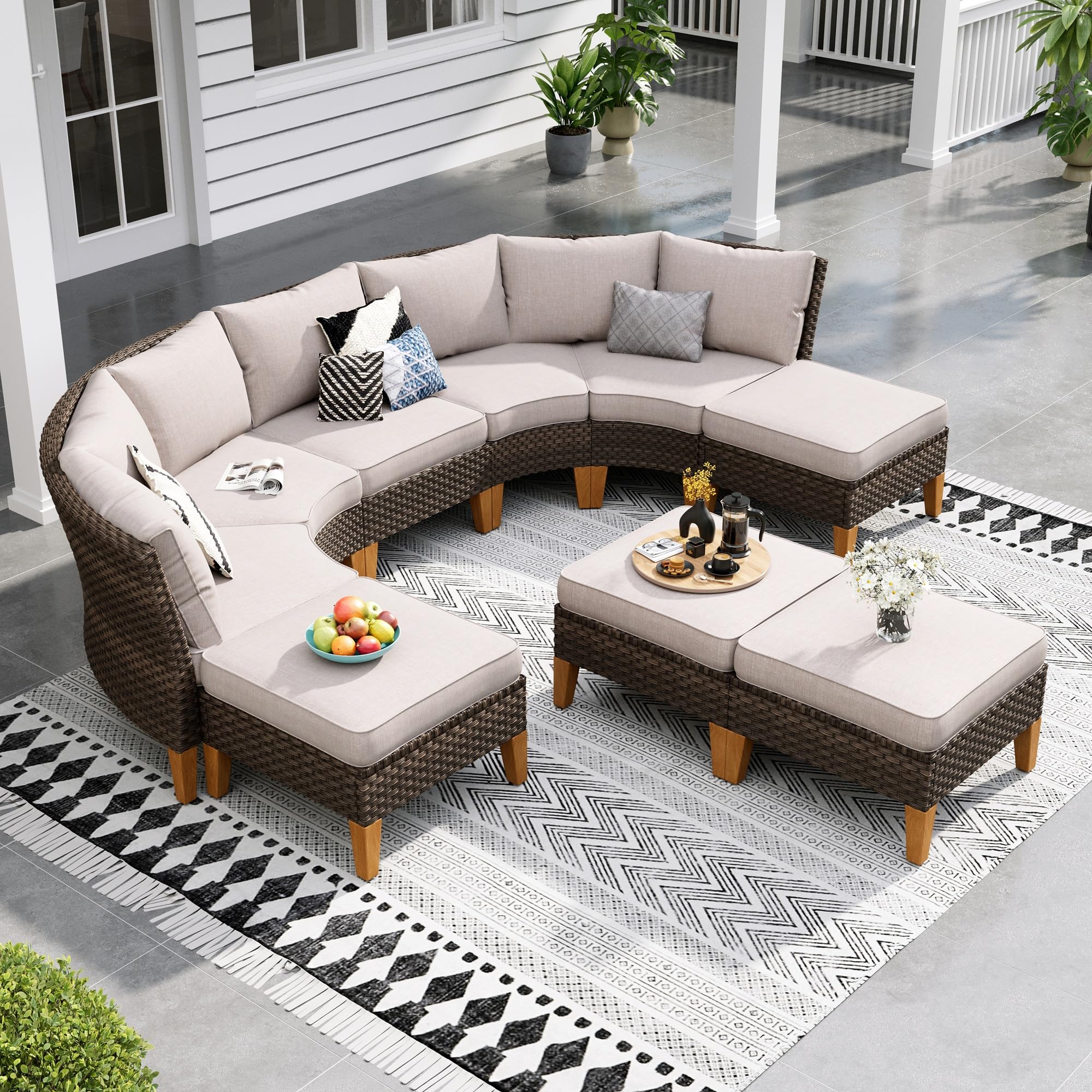 Sophia & William Half Moon Patio Furniture Set 7 Piece Outdoor Sectional Sofa Set, Wicker Patio Conversation Set with 2 Curved Sofa, 1 Armless Chairs, 2 Ottoman for Pool, Deck, Lawn (Beige)