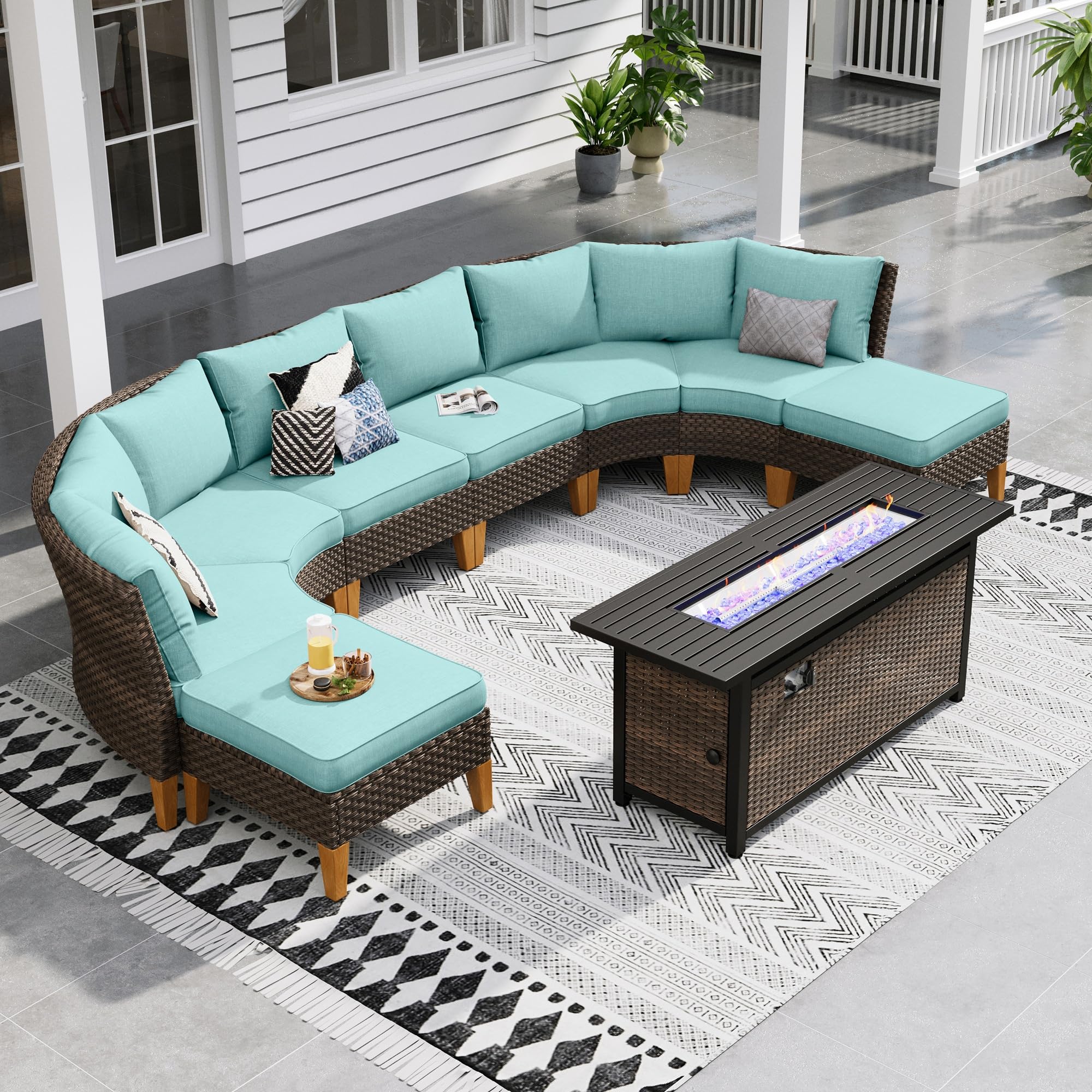 Sophia & William Half Moon Patio Furniture Set 7 Piece Outdoor Sectional Sofa Set, Wicker Patio Conversation Set with 2 Curved Sofa, 1 Armless Chairs, 2 Ottoman for Pool, Deck, Lawn (Beige)