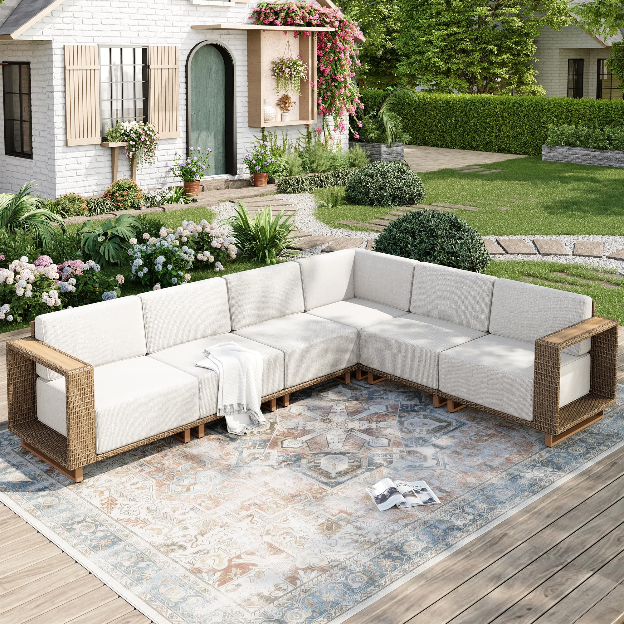Patio Sectional Furniture Set, 6 Piece Outdoor Wicker Sofa Couch Set, Yellow Rattan Modular Outdoor Conversation Sets with 10" Extra Thick Cushions, Low Profile Lawn Deck Garden Furniture