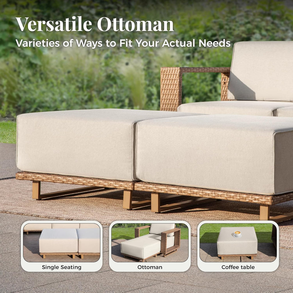 Patio Sectional Furniture Set, 6 Piece Outdoor Wicker Sofa Couch Set, Yellow Rattan Modular Outdoor Conversation Sets with 10" Extra Thick Cushions, Low Profile Lawn Deck Garden Furniture