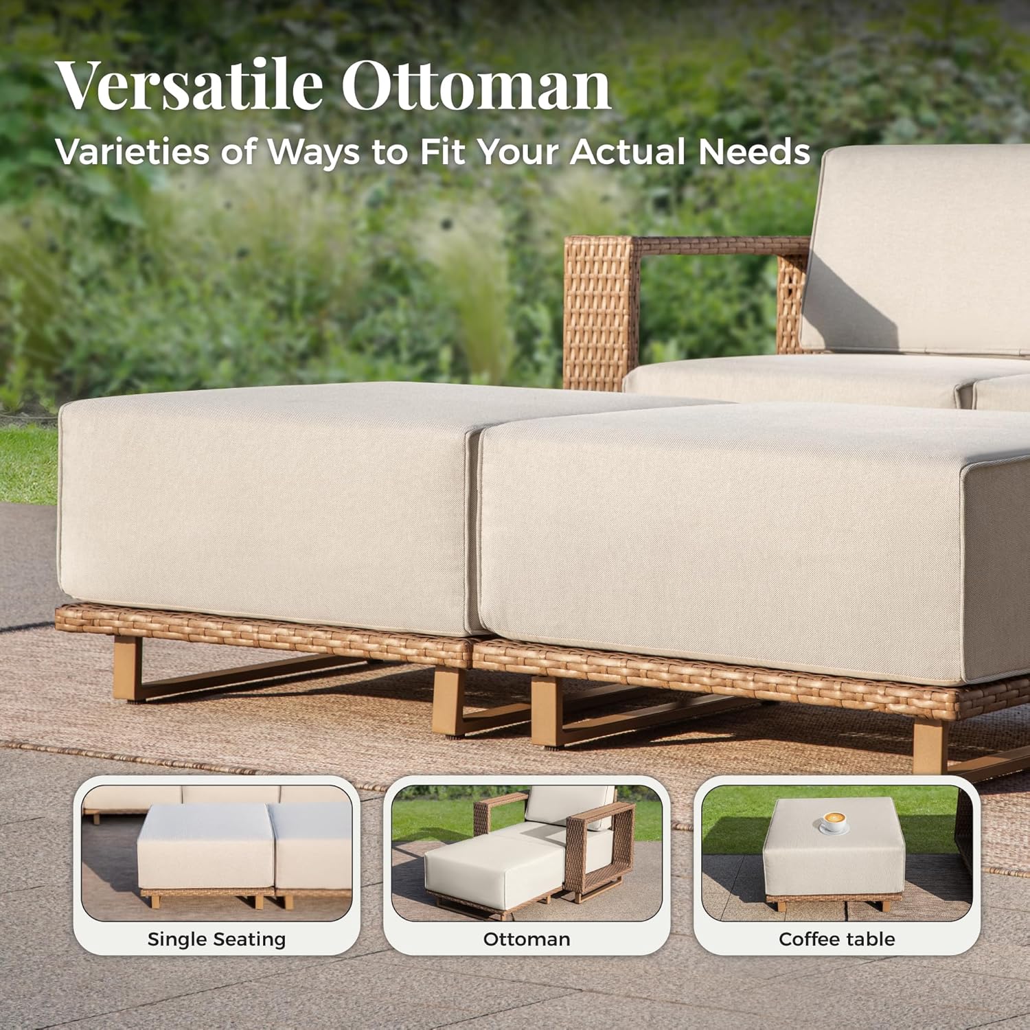 Patio Sectional Furniture Set, 6 Piece Outdoor Wicker Sofa Couch Set, Yellow Rattan Modular Outdoor Conversation Sets with 10" Extra Thick Cushions, Low Profile Lawn Deck Garden Furniture