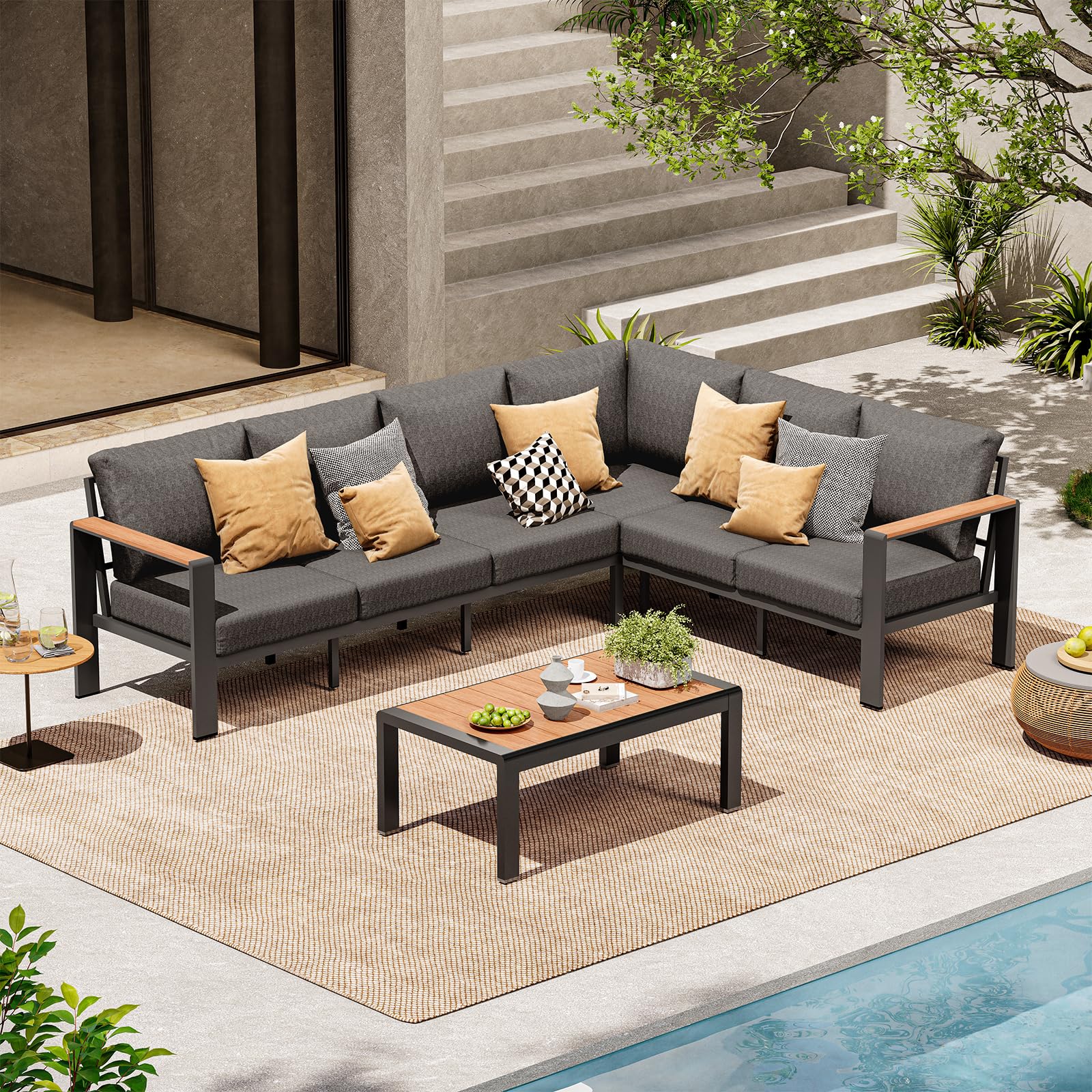 Aluminum Outdoor Patio Furniture Set 6 Seats, Outdoor Sectional Corner Sofa with Thick Waterproof Cushions & Coffee Table, Patio Conversation Sets for Backyard, Porch, Balcony, Deck, Gray