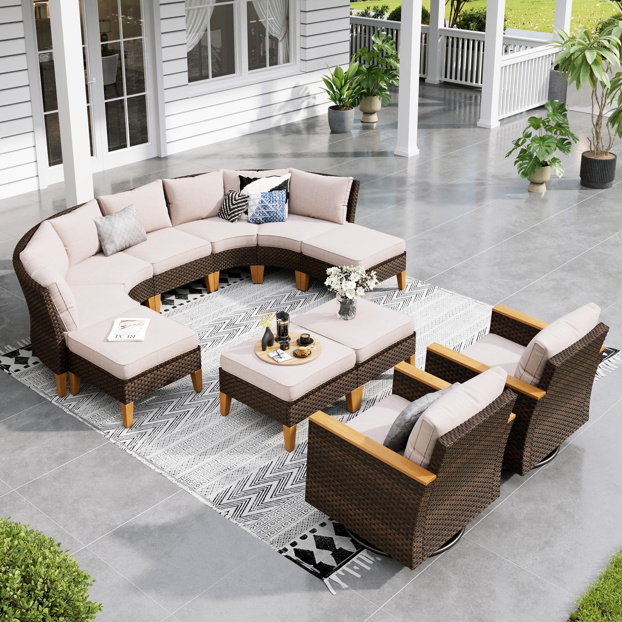 Sophia & William Half Moon Patio Furniture Set 7 Piece Outdoor Sectional Sofa Set, Wicker Patio Conversation Set with 2 Curved Sofa, 1 Armless Chairs, 2 Ottoman for Pool, Deck, Lawn (Beige)