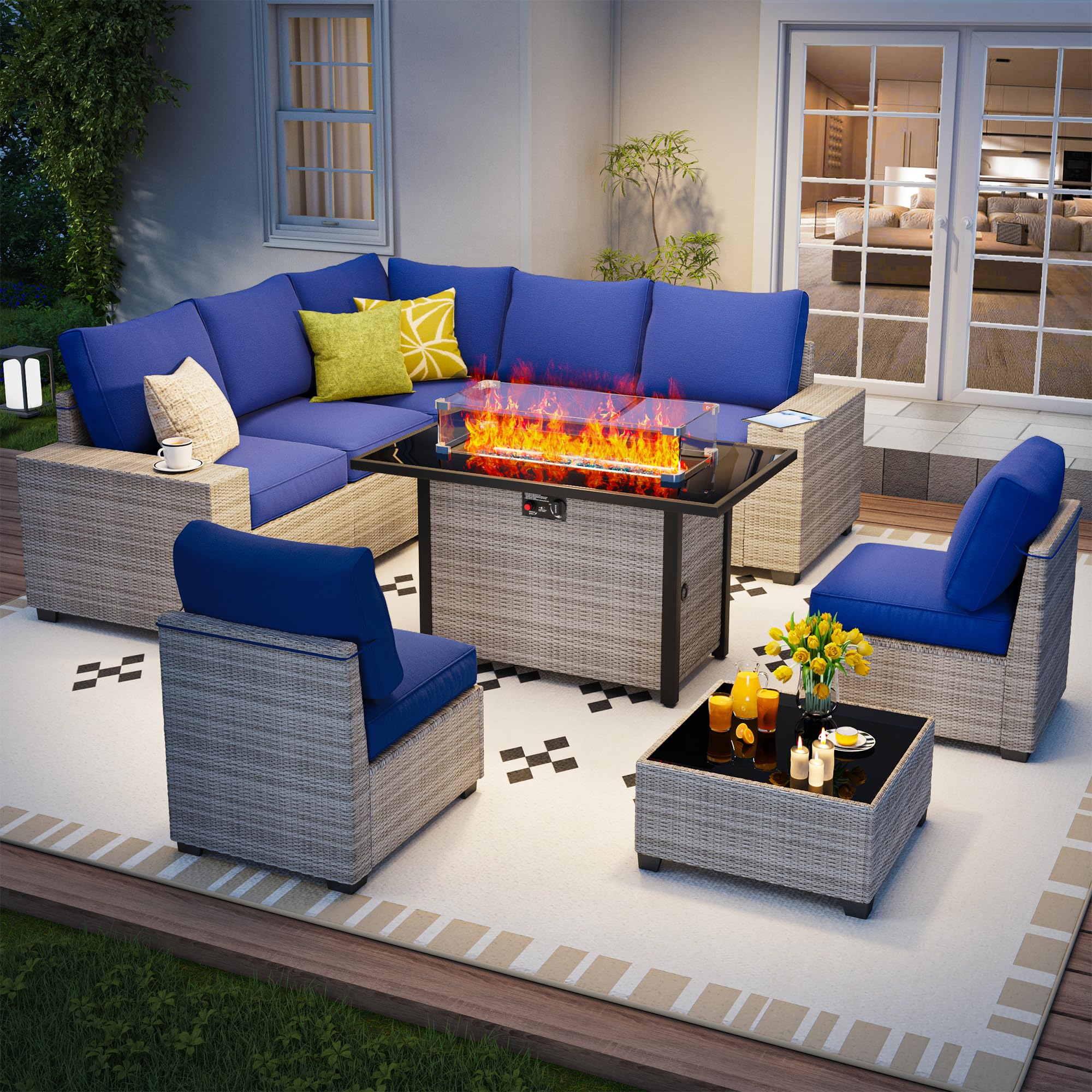 7 Piece Outdoor Patio Furniture Set, Outdoor Sectional Furniture, Rattan & Wicker Modern Modular Conversation Set Sectional Sofa W/Water Resistant Washable Thick Cushions and Coffee Table, Brown/Beige