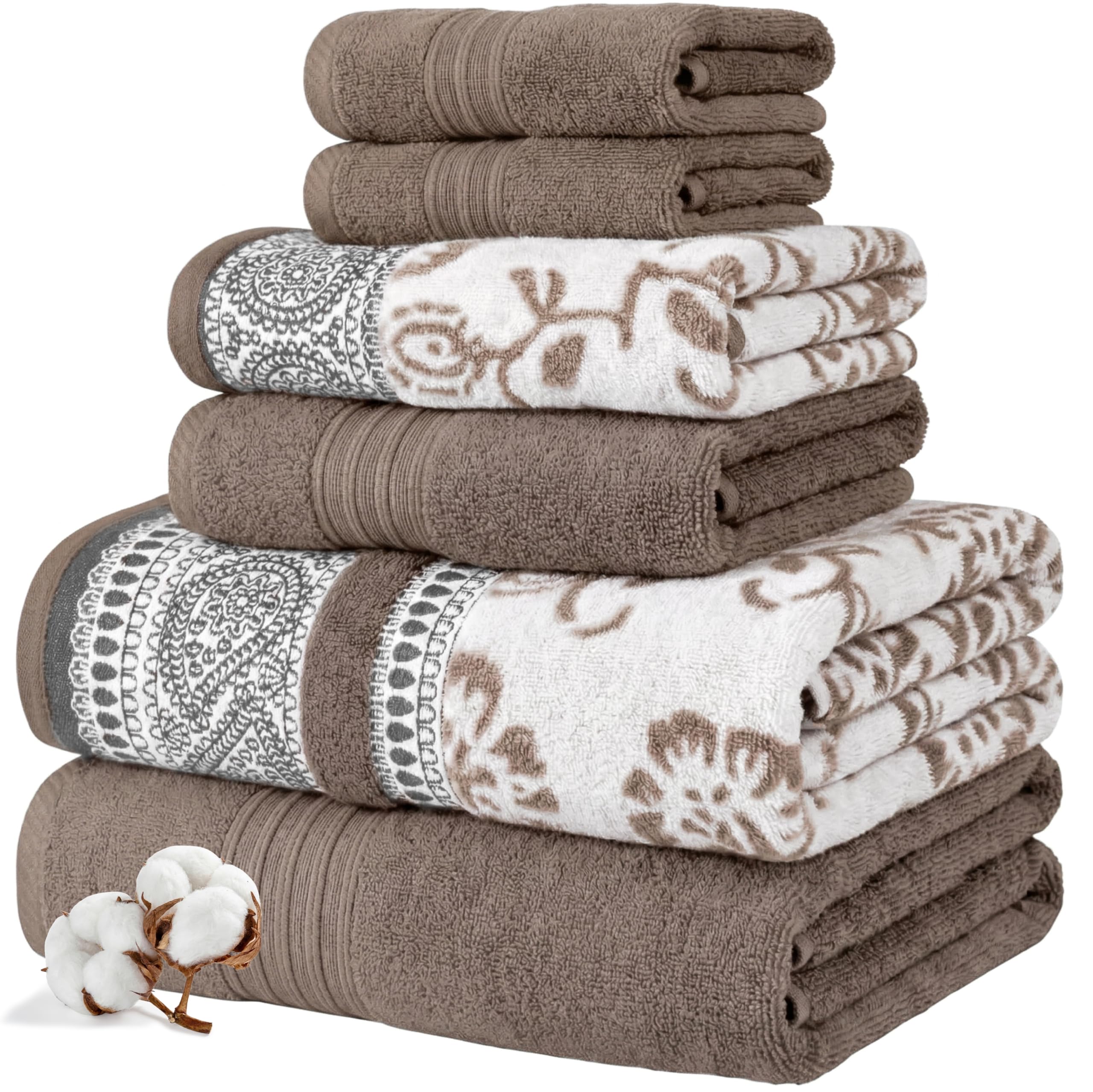 Modern Threads Floral Trail 6-Piece 100% Cotton Towel Set – Reversible Yarn Dyed Jacquard – Includes 2 Bath Towels, 2 Hand Towels, 2 Washcloths – Absorbent, Quick Dry, Soft & Durable – Taupe Brown