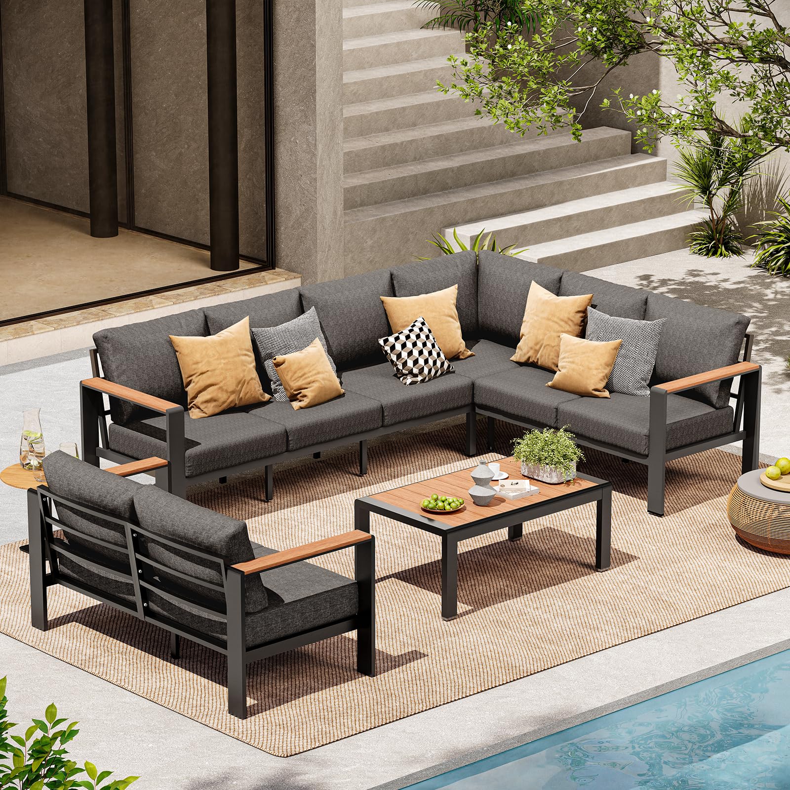 Aluminum Outdoor Patio Furniture Set 6 Seats, Outdoor Sectional Corner Sofa with Thick Waterproof Cushions & Coffee Table, Patio Conversation Sets for Backyard, Porch, Balcony, Deck, Gray