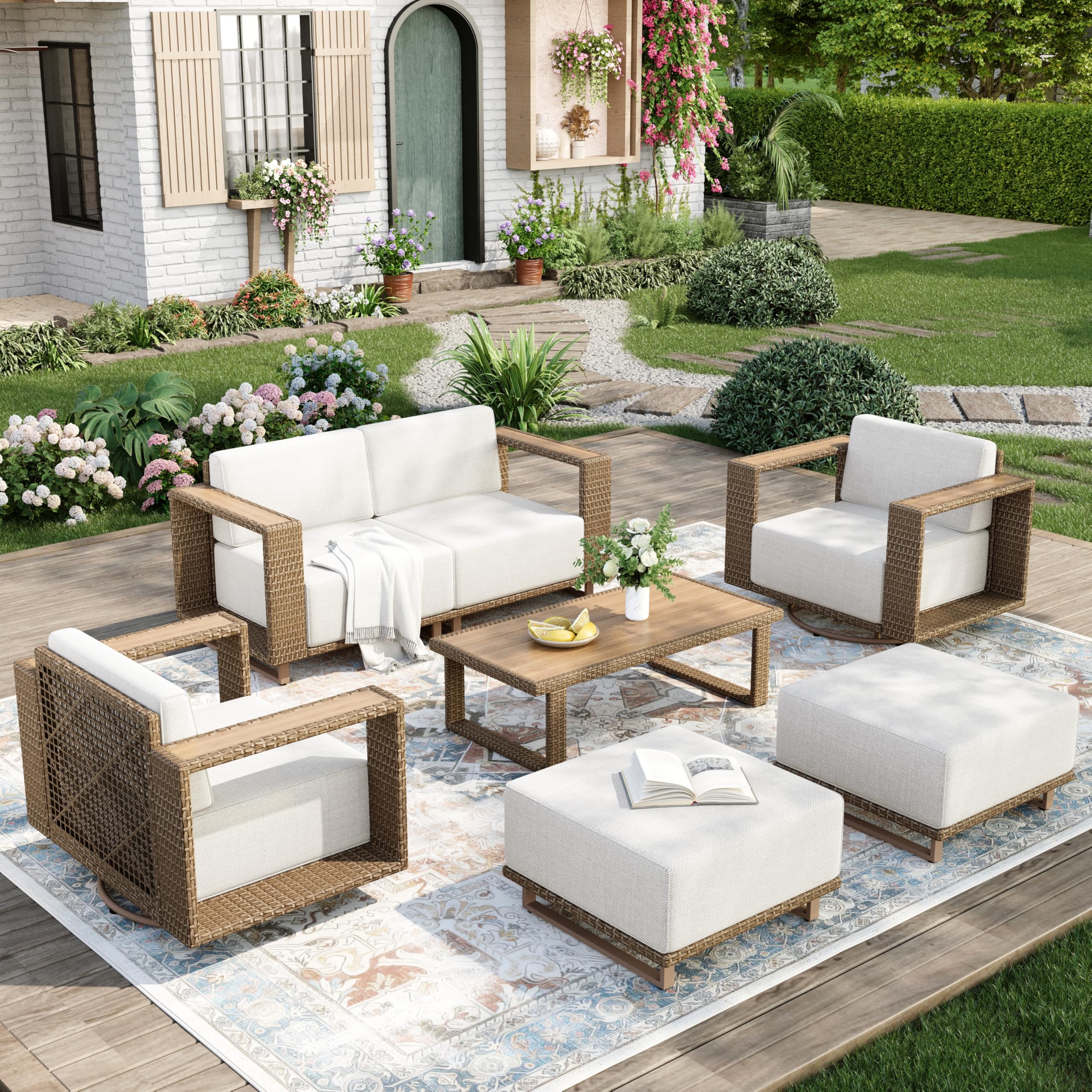 Patio Sectional Furniture Set, 6 Piece Outdoor Wicker Sofa Couch Set, Yellow Rattan Modular Outdoor Conversation Sets with 10" Extra Thick Cushions, Low Profile Lawn Deck Garden Furniture