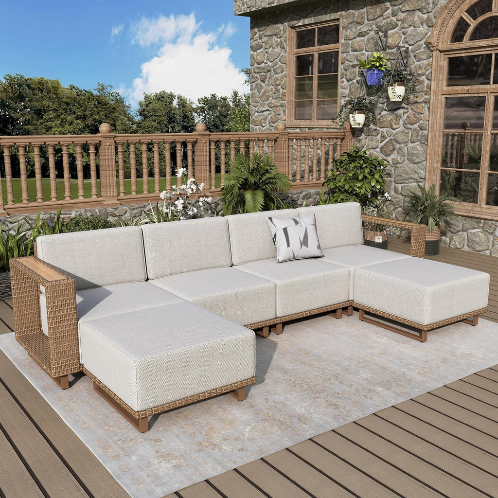 Patio Sectional Furniture Set, 6 Piece Outdoor Wicker Sofa Couch Set, Yellow Rattan Modular Outdoor Conversation Sets with 10" Extra Thick Cushions, Low Profile Lawn Deck Garden Furniture